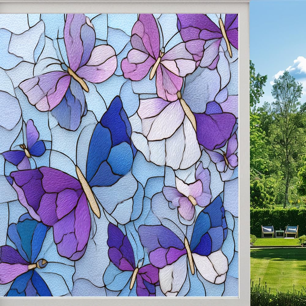 Colored Mosaic Butterfly Stained Glass Window Film, Dreamy Butterflies Artistic Peel and Stick Privacy Film, Frosted Adhesive Vinyl Decorative for Bathroom Windows Glass Doors, （90x160cm）
