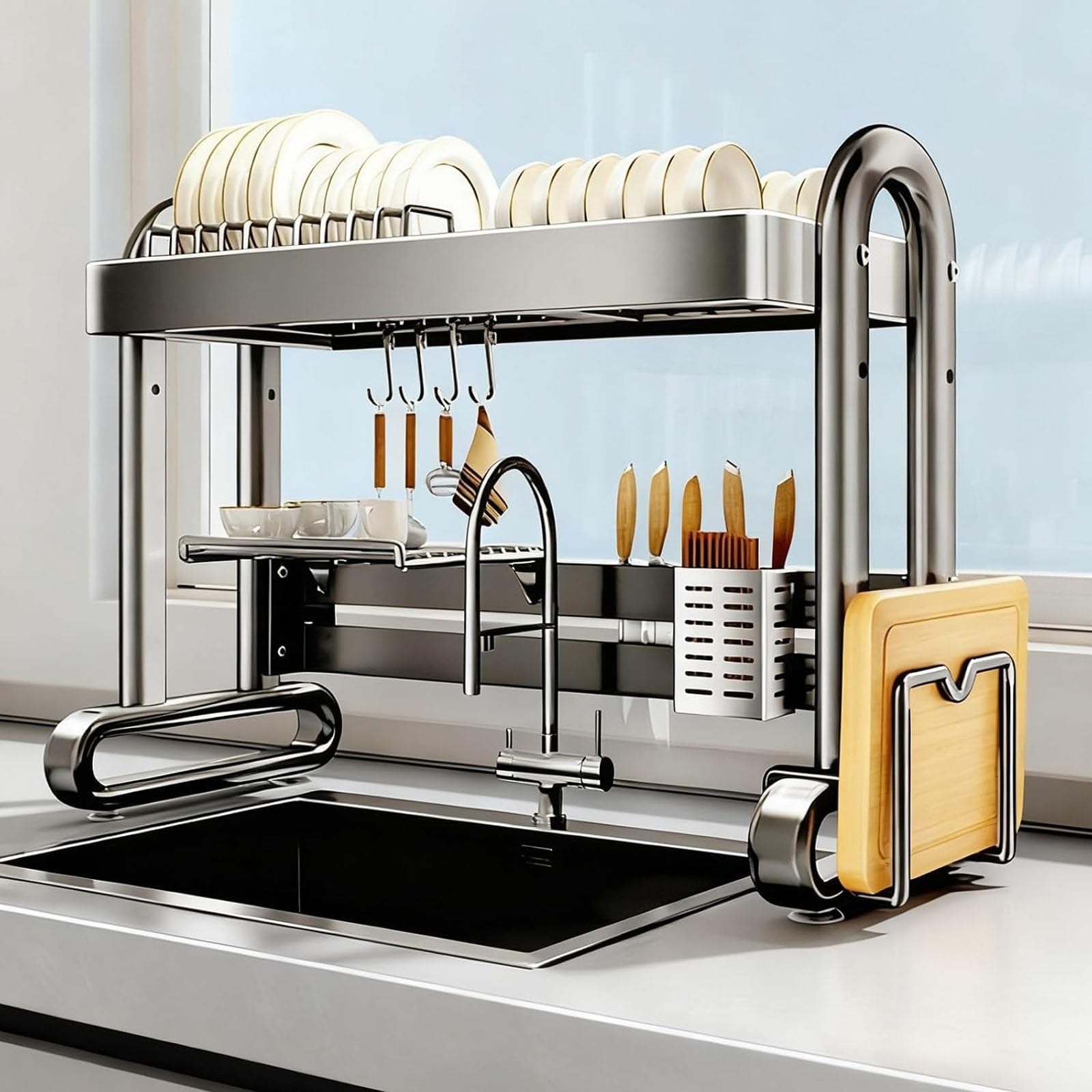 Stainless Steel Over The Sink Dish Drying Rack with Utensil Holder