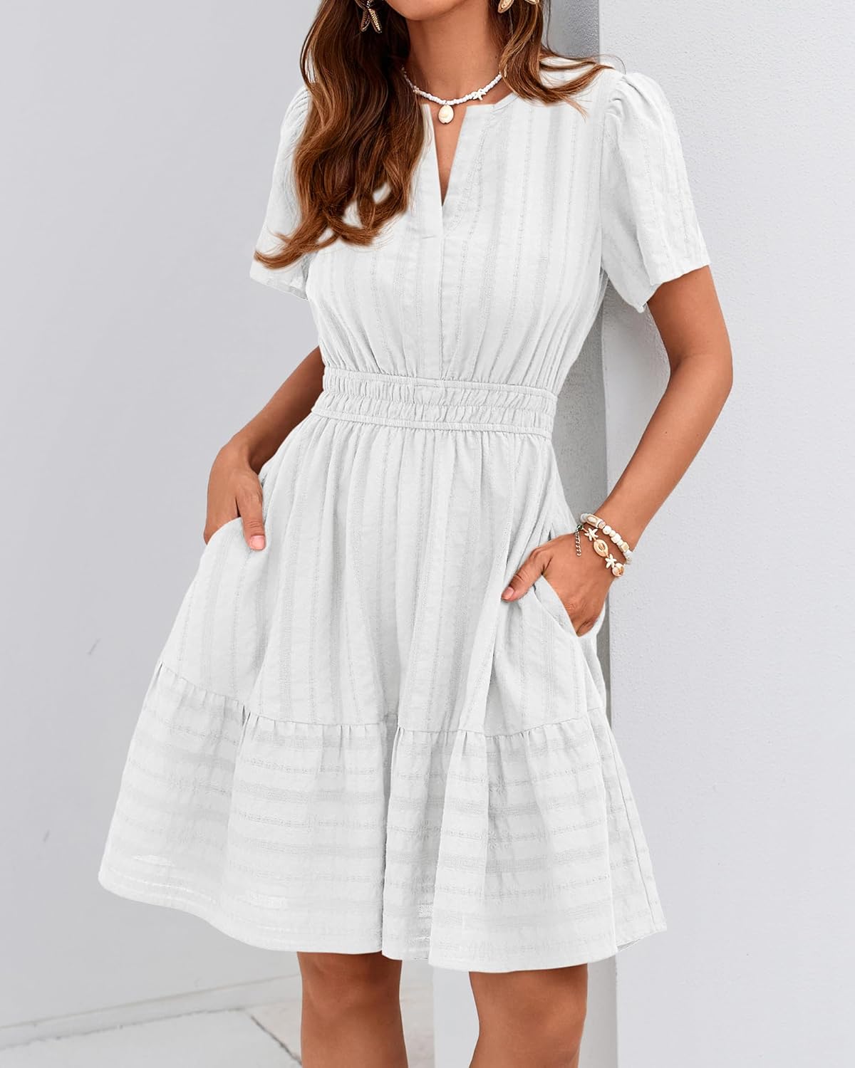 BTFBM Womens Spring 2026 Casual Mini Dresses Lightweight Short Sleeve V Neck Elastic Waist Cute Boho Beach Dress Pockets - Image 3