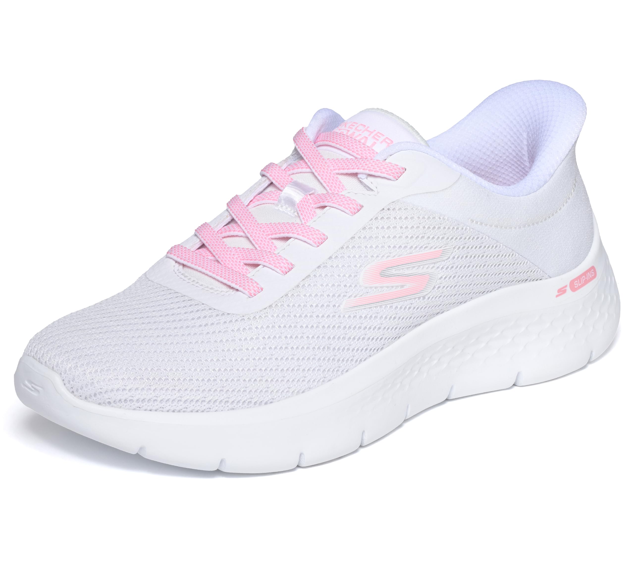 Skechers Women's Go Walk Flex Carla Slip-in Trainers, White Textile/Pink Trim, 7.5 UK