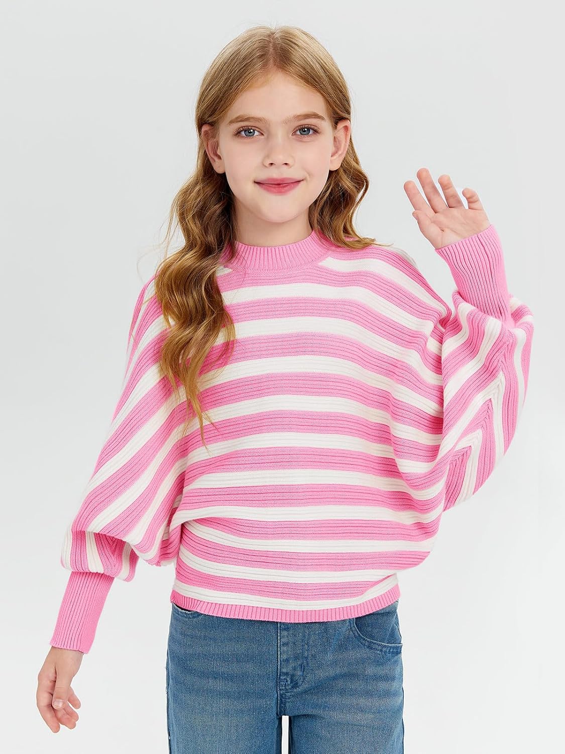 Haloumoning Girls Oversized Striped Sweater Kids Fashion Batwing Sleeve Ribbed Knit Pullover Tops 5-14 Years - Image 3