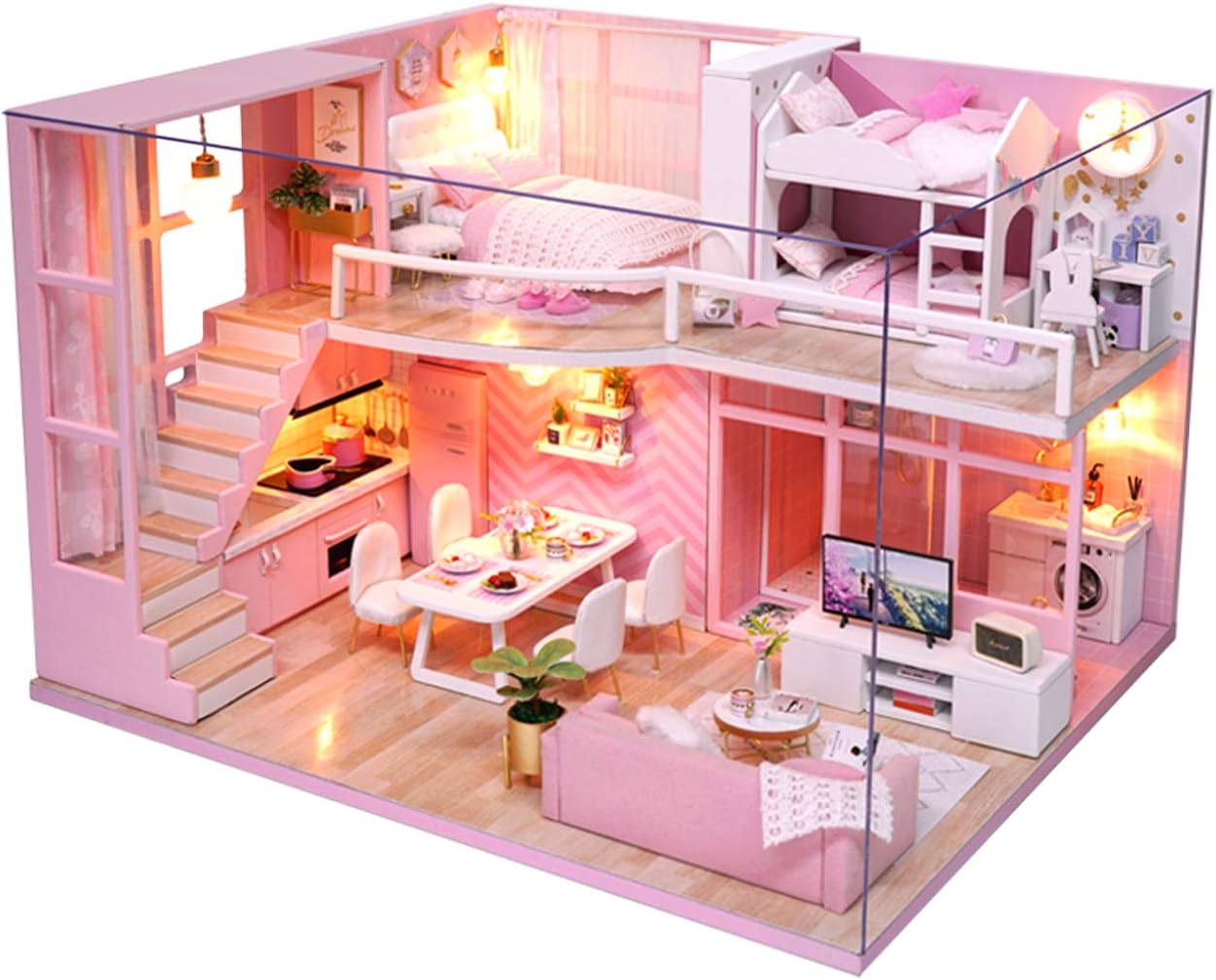 Ogrmar Ogrmar 1:24 Scale Dollhouse Miniature with Furniture, DIY Dollhouse Handmade Mini Apartment Model Kit Plus Dust Cover & LED Light, Creative Room Toys for Children Gift (Dream Angels)