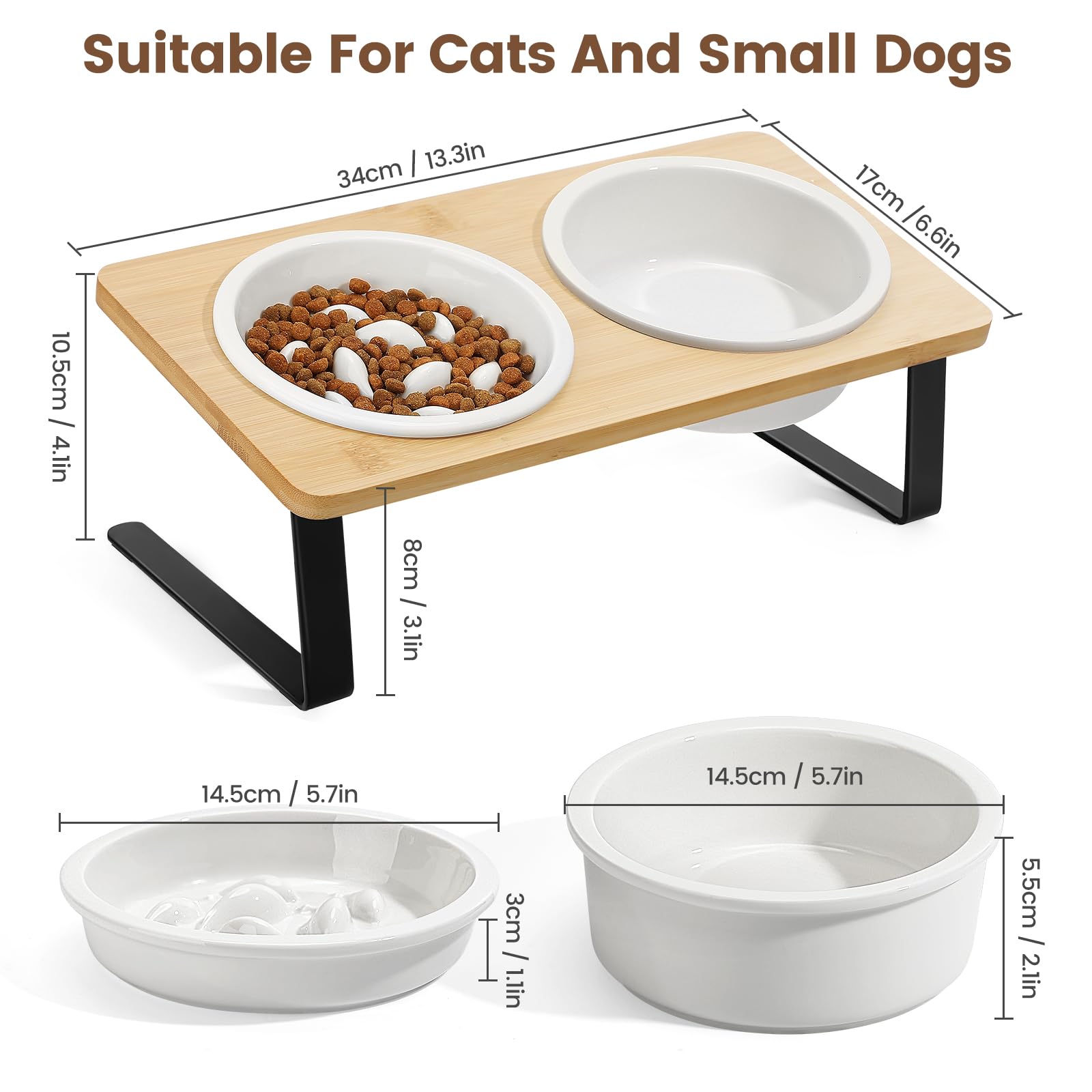 PETTOM Gamelle Anti Glouton Chat Céramique Surélevée Inclinée 15° | 2 Bols Amovibles, Patins Antidérapants, Plateau Bambou, Montage Sans Outil
