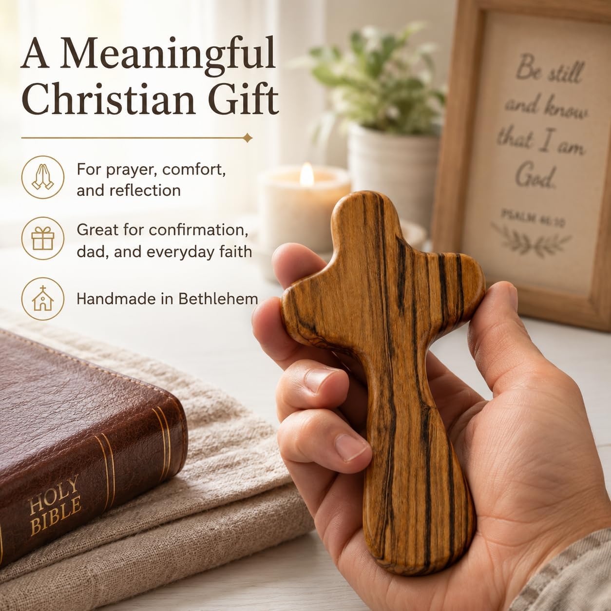 Zuluf Olive Wood Comfort Cross 3.7 Inch (9.5 cm), Hand-Carved Holding Cross from Bethlehem for Prayer, Smooth Palm Hand Cross, Cruz de Madera Wooden Christian Gift for Confirmation with Velvet Bag