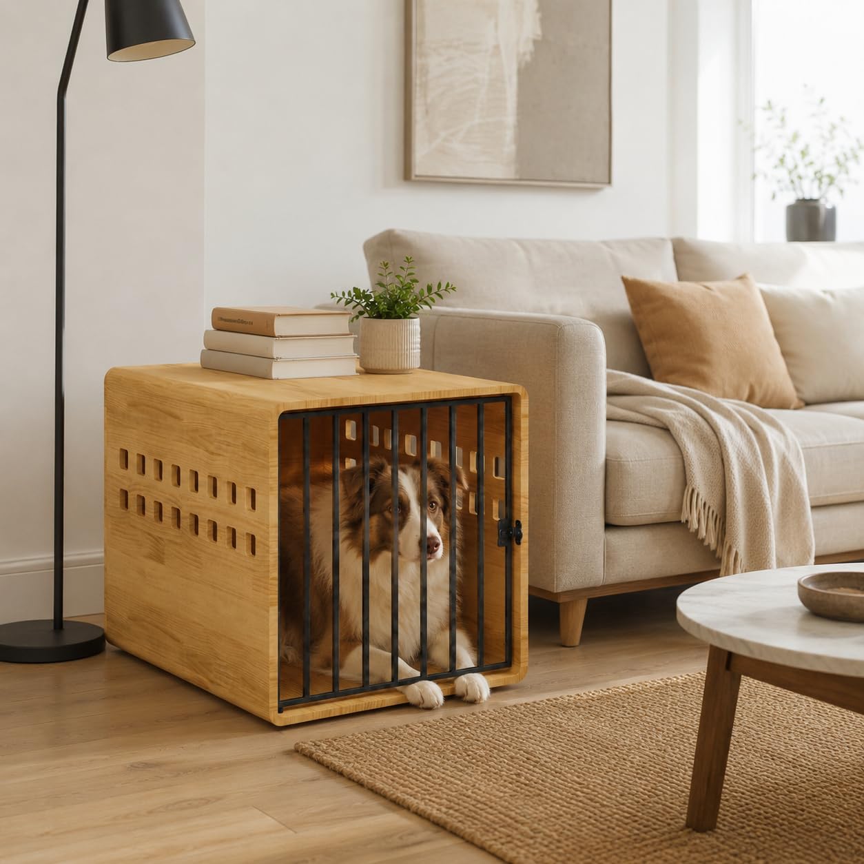 Hundebox Holz mit Metalltür, Indoor Hundehütte, 80 x 60 x 61,5 cm