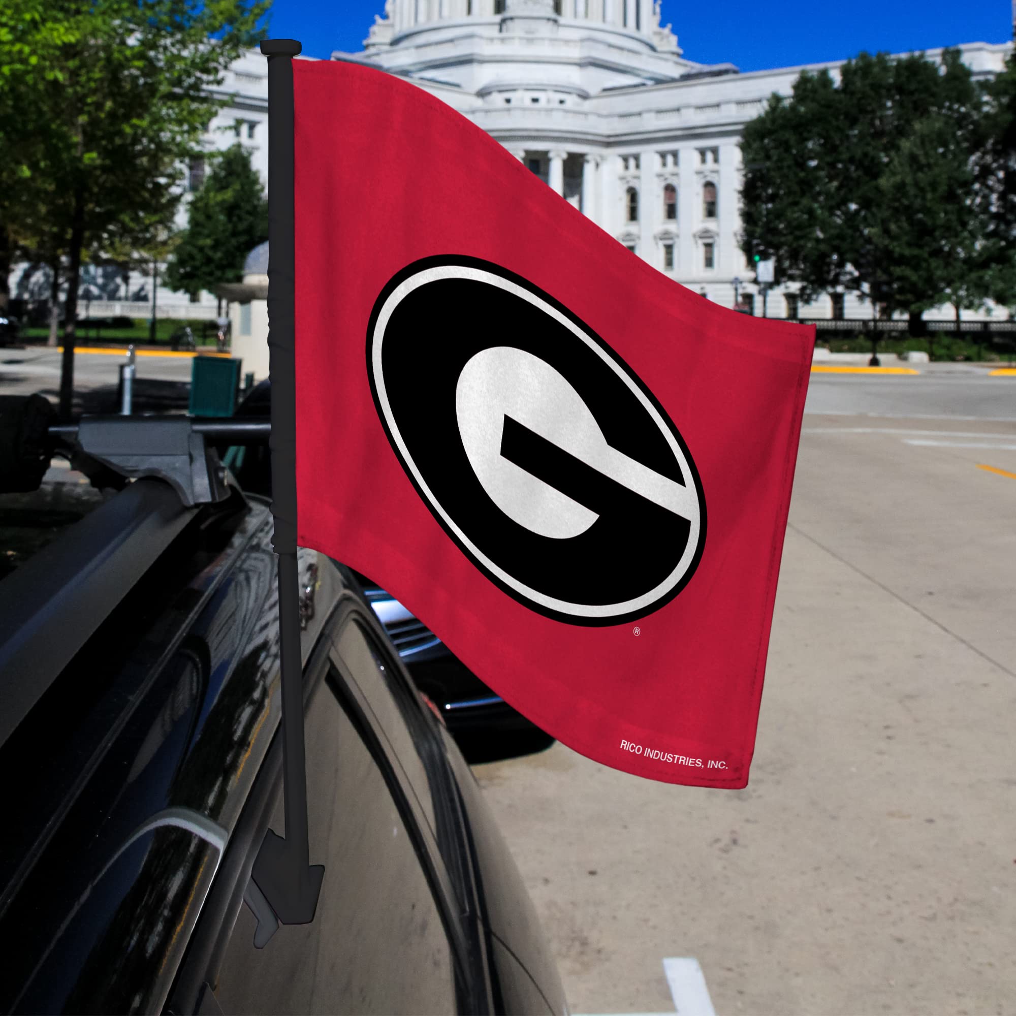 Rico Industries NCAA Georgia Bulldogs Black Pole Double Sided Car Flag W' Black Pole 16 x 19.5-