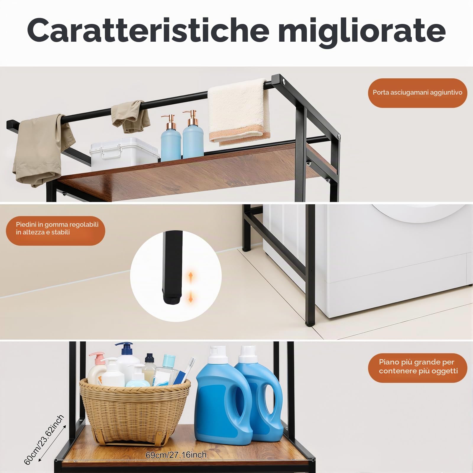 Scaffale per lavatrice, in metallo, per bagno, per lavatrice, con 3 ripiani, 69 x 60 x 176 cm, colore: nero