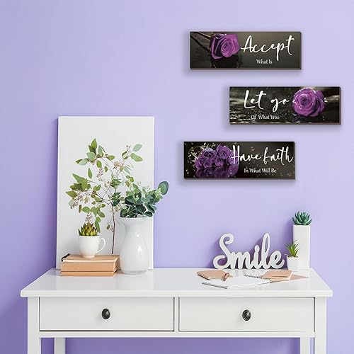 Miniatura 4 de ZINYAZHE 3 piezas de decoración de pared morada, decoración de baño morada, decoración de pared de rosa de madera con citas de aceptar dejar ir