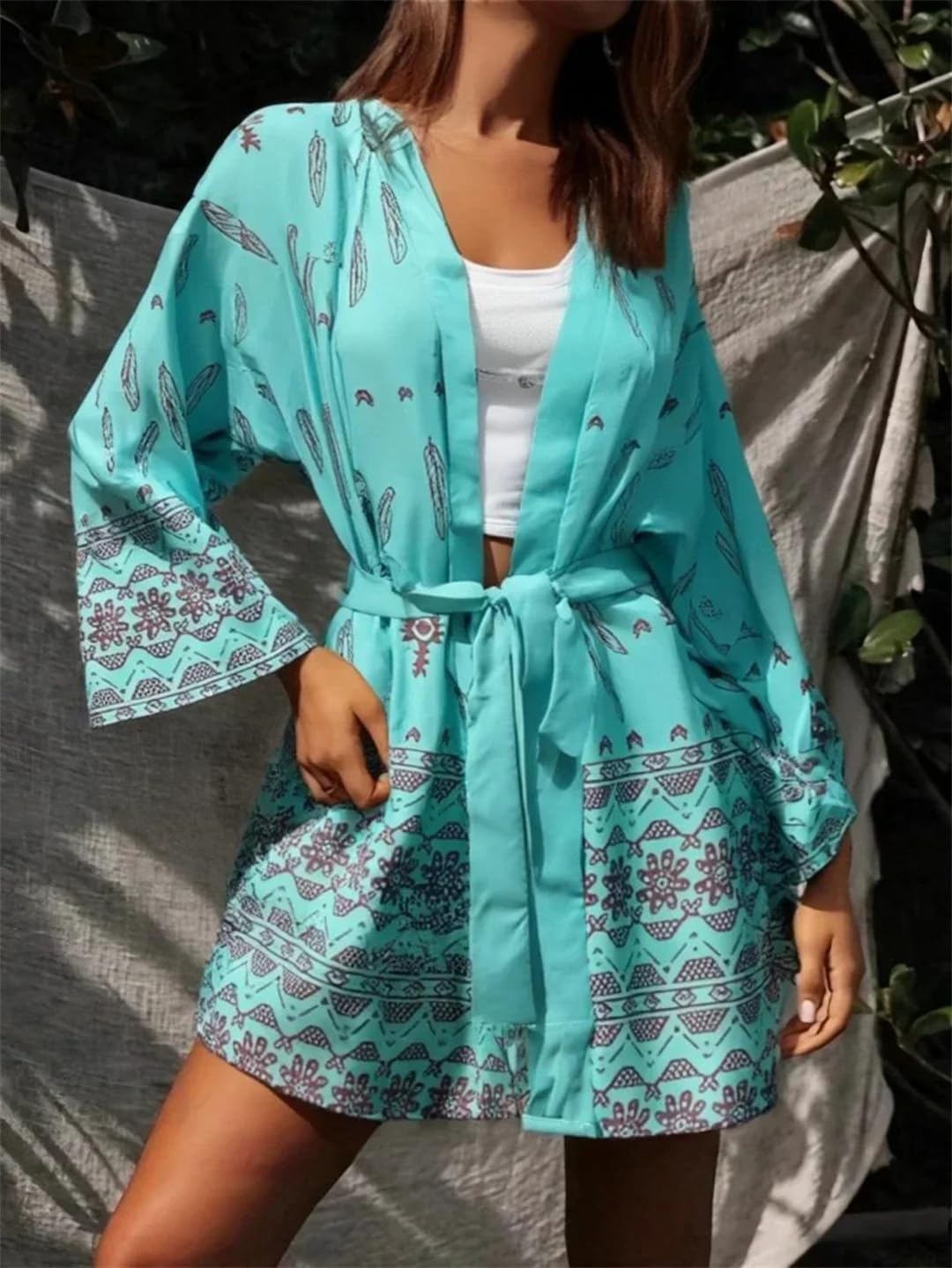 Vintage Floral Imprimé Bikini Cover-Ups Beachwear Femmes Batwing Manches Courtes Kimono Bohème Robe