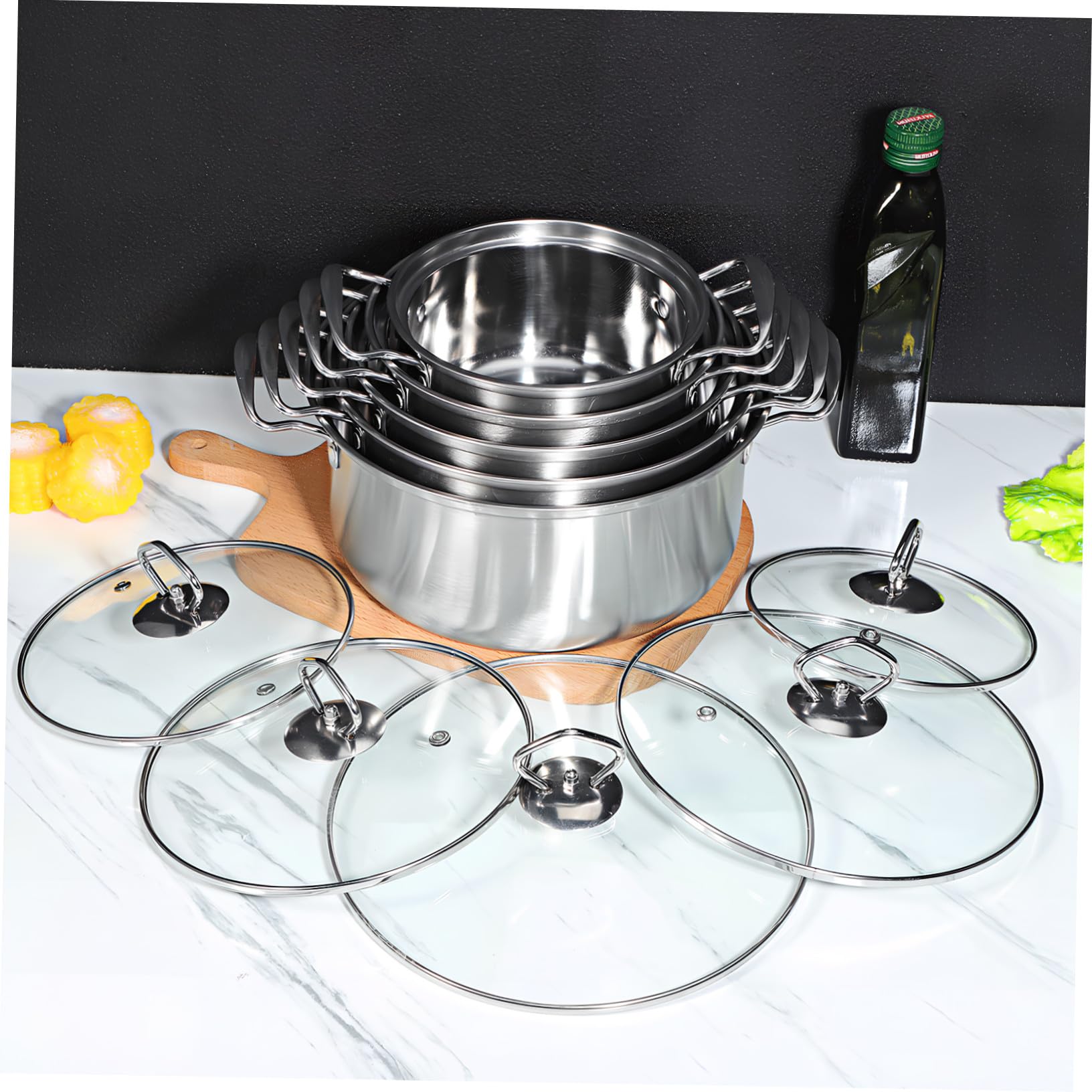 TOYANDONA Set Pentole per Brodo e Stufato in Acciaio Inox con Coperchi in Vetro, Pentole a Induzione Doppio Manico, 10 Pezzi per Cucina Domestica e Preparazione Zuppe