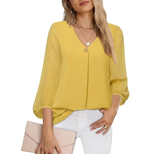 Bebonnie Womens Lantern 3/4 Sleeve Causal Loose V Neck Chiffon Blouses Tops