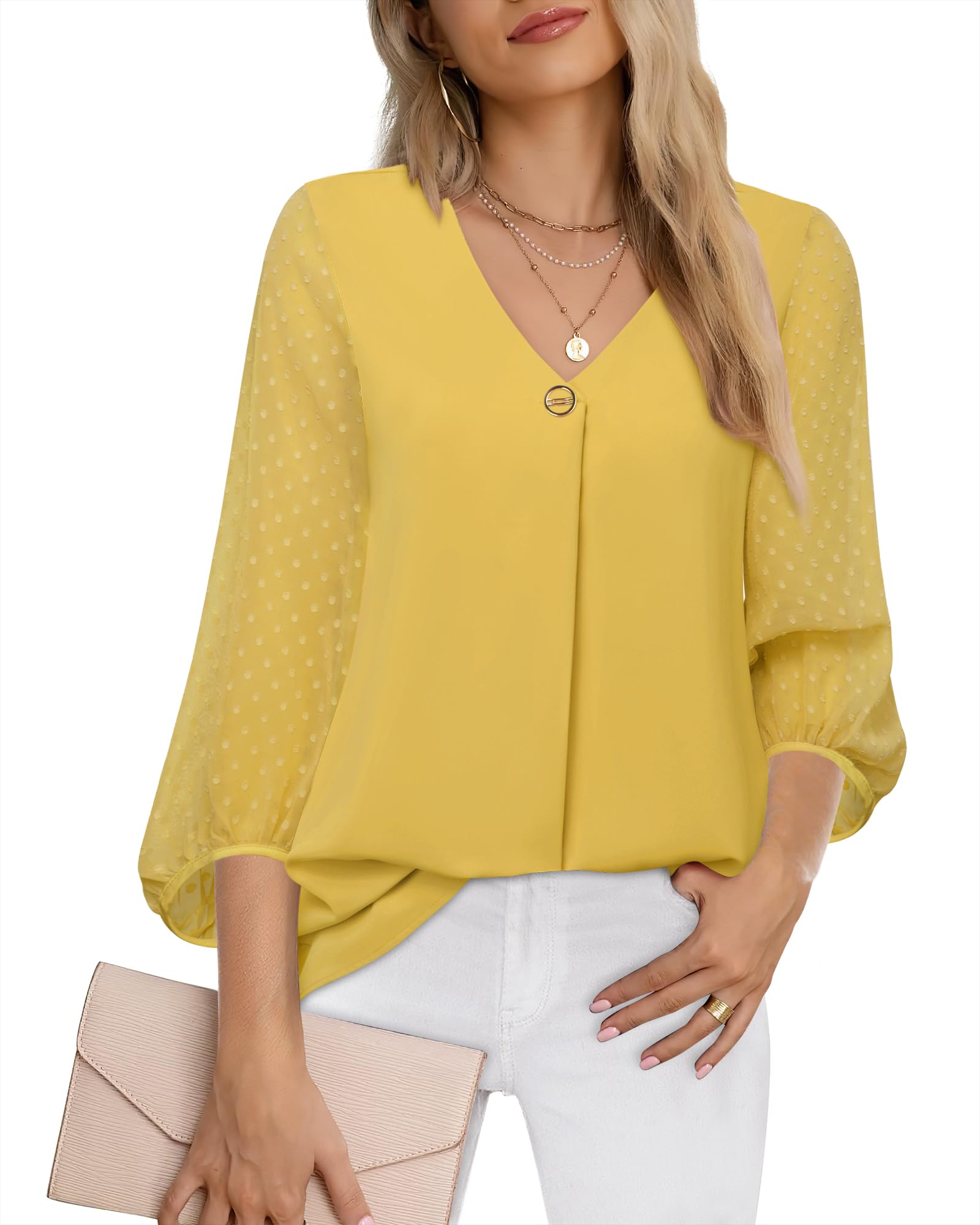 BebonnieWomens Lantern 3/4 Sleeve Causal Loose V Neck Chiffon Blouses Tops