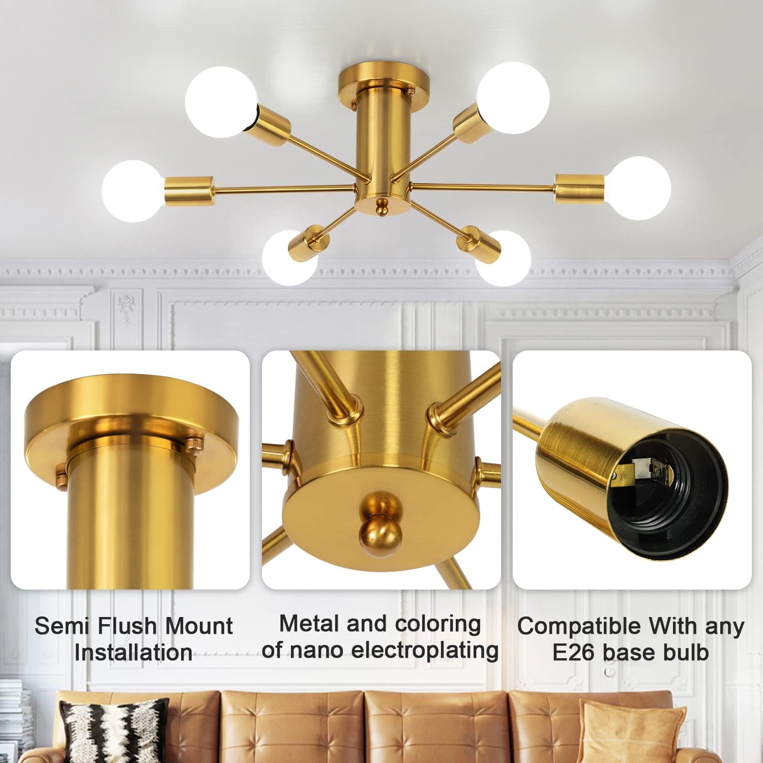 🔥 Crаzу Dеаlѕ Gold Semi Flush Mount Ceiling Light,6 Lights Modern Sputnik Chandelier Farmhouse Light Fixture,Brushed Brass Close to Ceiling Light Fixture for Bedroom,Farmhouse,Dining Room, Living Room, Hallway Flаѕh Dеаlѕ - 40% оƒƒ Gold Semi Flush Mount Ceiling Light,6 Lights Modern Sputnik Chandelier Farmhouse Light Fixture,Brushed Brass Close to Ceiling Light Fixture for Bedroom,Farmhouse,Dining Room, Living Room, Hallway