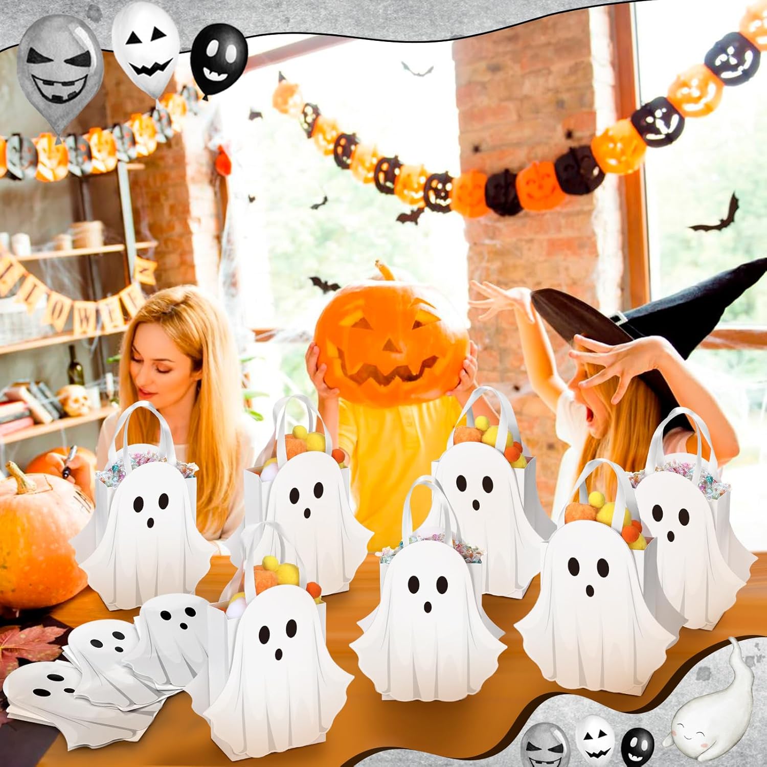 Sweetude 12 Pcs Halloween Ghost Paper Gift Bags Party Favor Bags with Handle for Trick-or-treat Candy Goodie Pastel for Halloween Spooky Birthday Holiday Party Supplies - Image 5