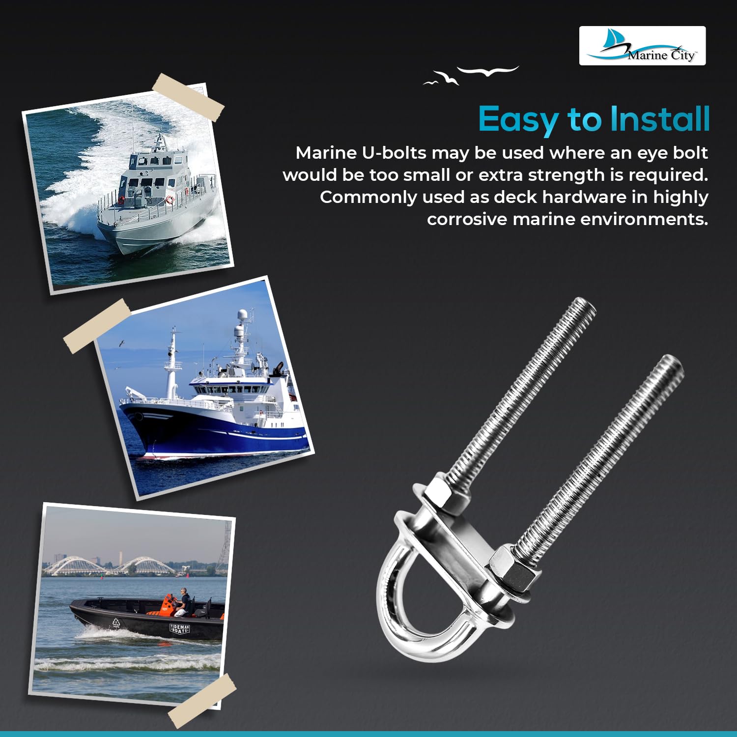 MARINE CITY Stern Bow Eye Tie Down U-Bolt, 304 Stainless Steel, Fixed Welding Plate, 4.5" for Boats, Yachts, and Marine Hardware