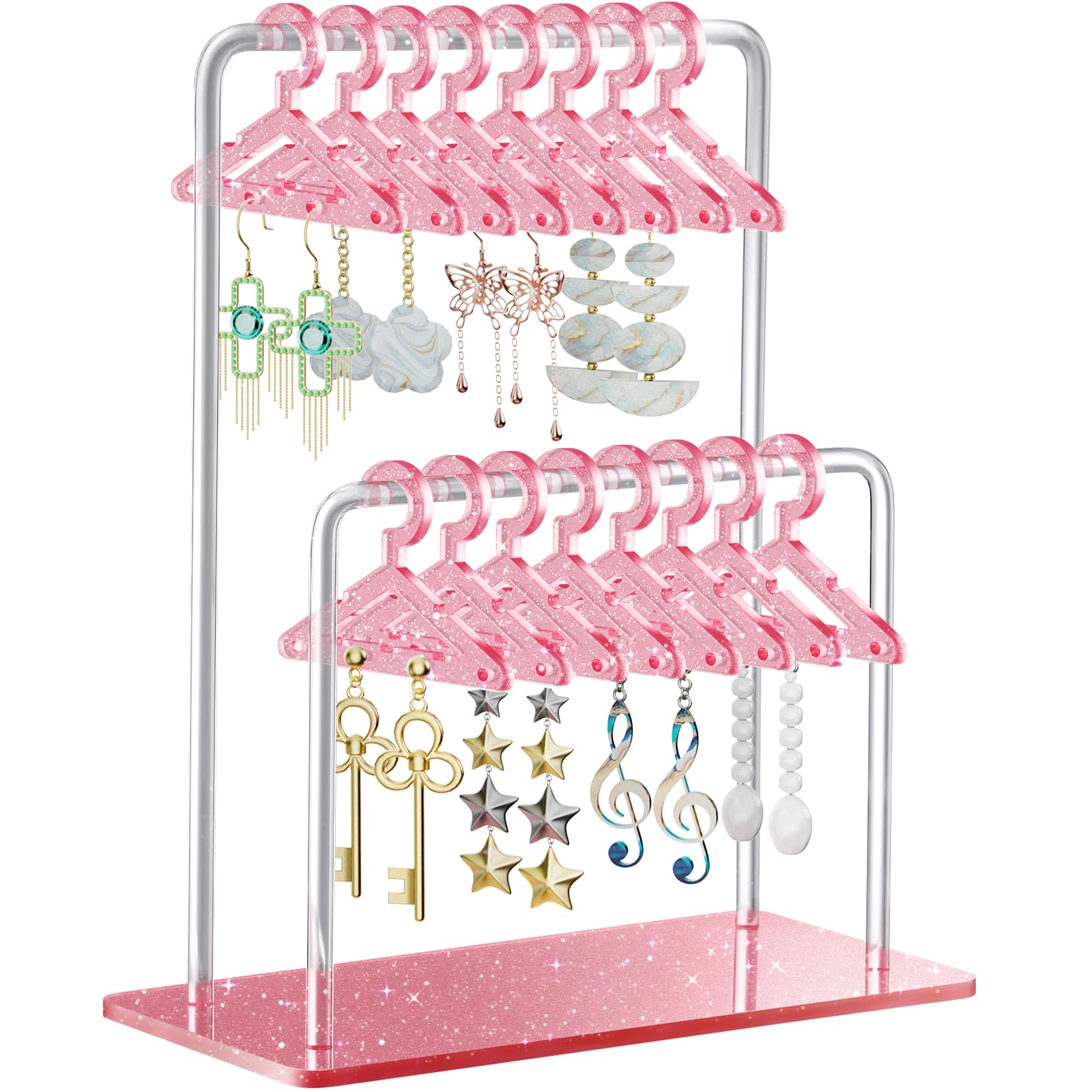 NiHome Glitter Acrylic Earring Holder with Unique Double-Tiered Design, Miniature Clothing Hangers with Spacious Storage for 48 Pairs, Mirror-Finish Display for Home Vanity & Retail Showrooms (Pink)