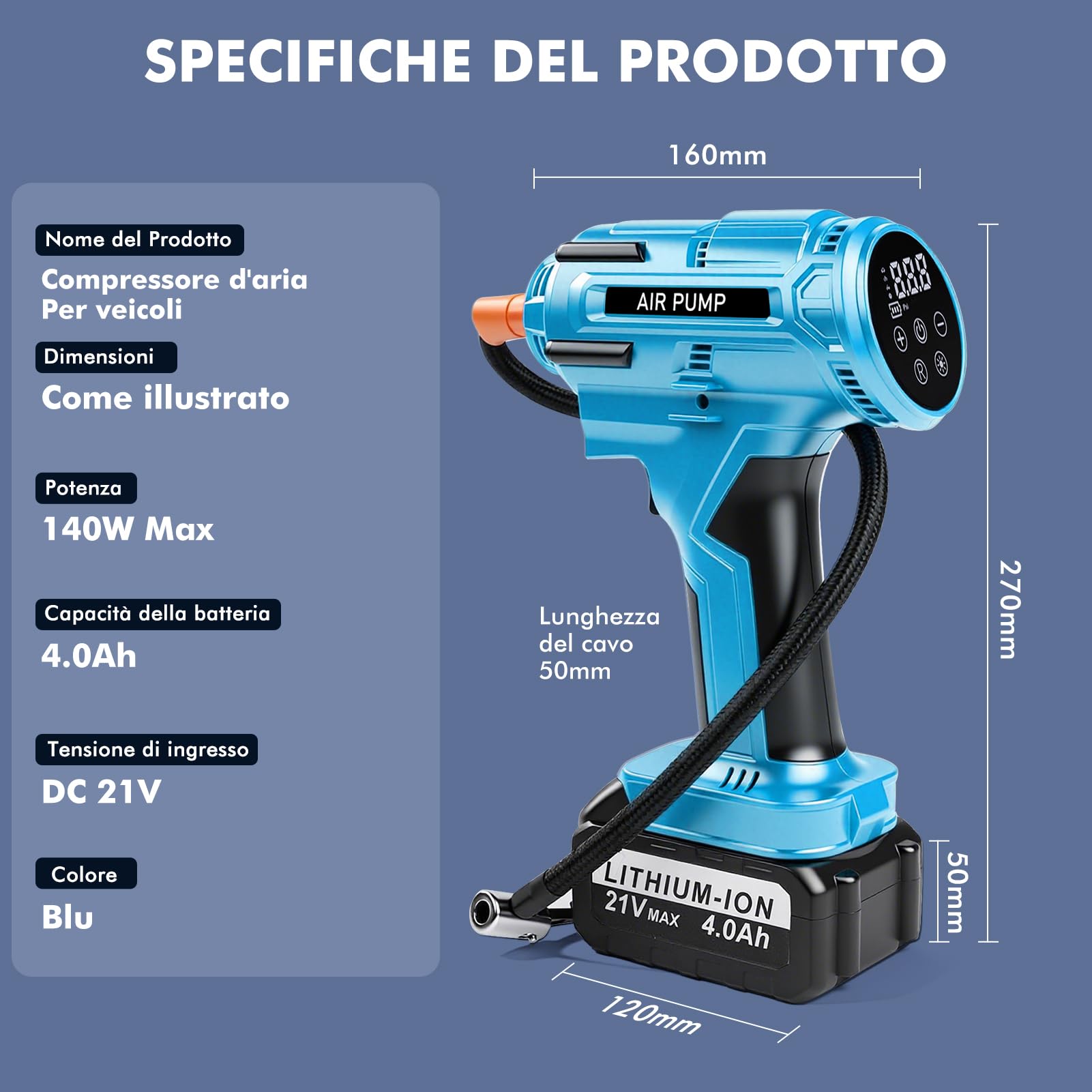Pompa ad aria a batteria, 21 V, 150 PSI, pompa ad aria elettrica per auto, con batteria al litio e manometro, 800 W, pompa digitale per pneumatici portatile, per auto, moto, bicicletta, palloni