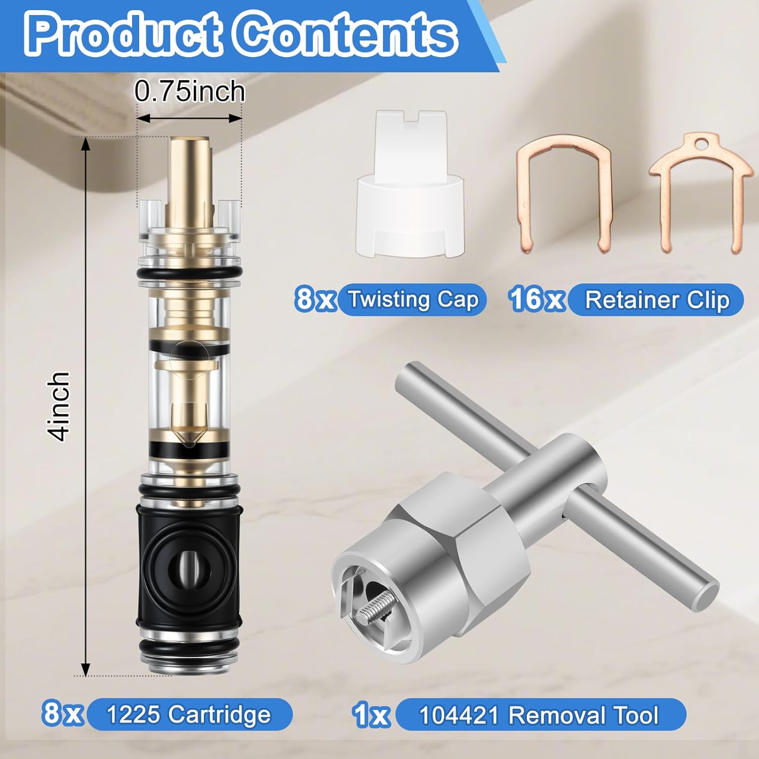 8 Pack Dual Seal 1225 Replacement Cartridge With 104421 Cartridge Removal Tool, for Moen 1225 1225B, One Handle Bathroom Faucet Cartridge, for Single Handle Faucet/Showers, Brass