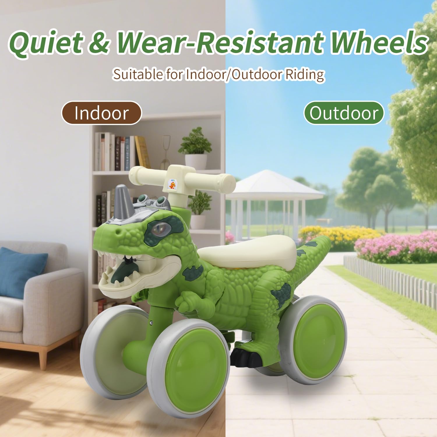 Bicicleta de equilibrio de dinosaurio para niños de 1 a 3 años, caminante sin pedal de 4 ruedas con efectos de música y rocío de niebla, regalo de primer cumpleaños certificado ASTM para niños 7