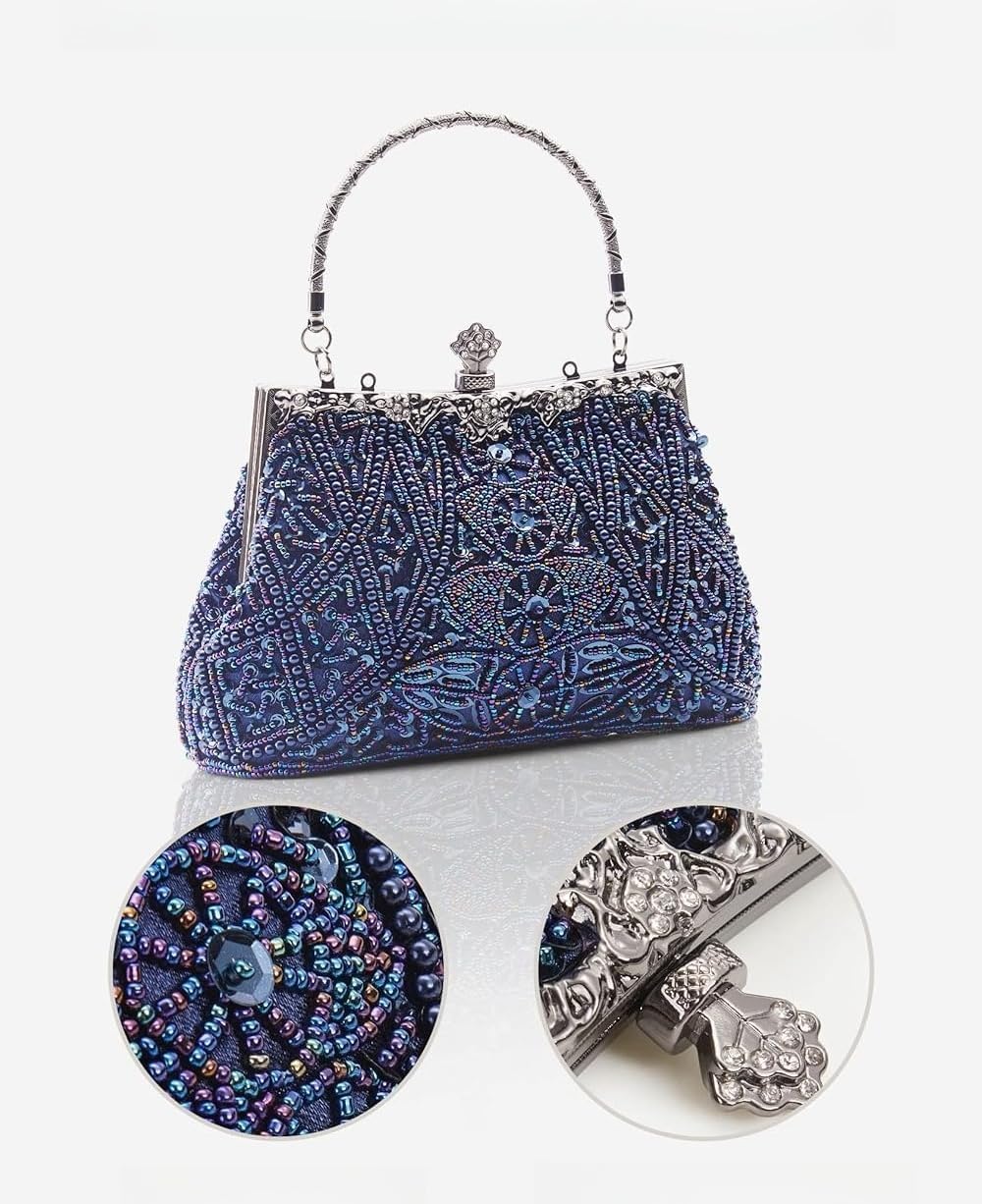Vintage Floral Beaded Rhinestone sequins Embroidery Clutch Bag Evening Handbag for Bridal Wedding Party Prom