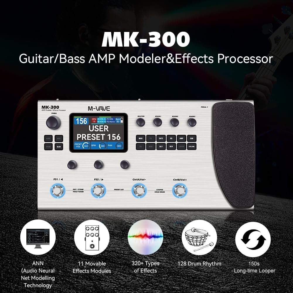 หน้าจอ M-VAVE MK-300 แสดง 'USER PRESET 156' พร้อมพารามิเตอร์ต่างๆ เช่น CPU, VOL, BPM และ PAN