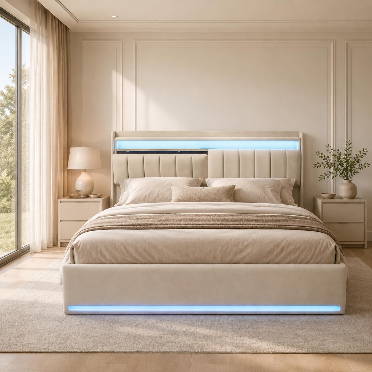 Letto imbottito 140x200 cm con Contenitore idraulico, Letto matrimoniale a LED con stazione di ricarica, Testiera in velluto, Struttura letto con rete a doghe (beige, 140x200 cm)