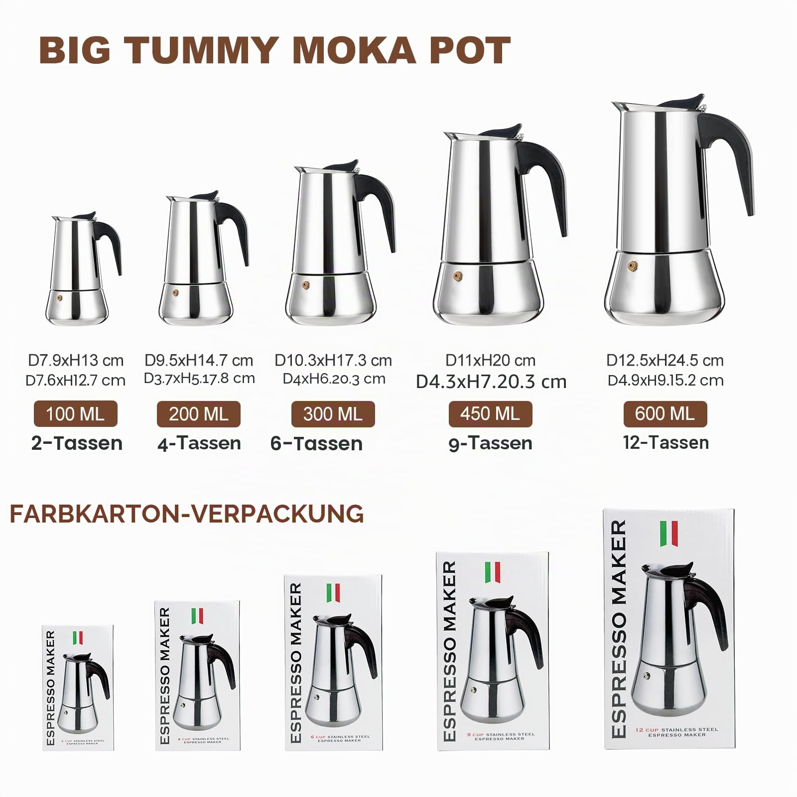 4 Tasse Espressokocher Edelstahl Moka Pot Espresso Maker Perkolator Italienische Kaffeemaschine Mokka Kaffeemaschine Cafe Classic Maker für Haus und Camping 200ml 6.6oz