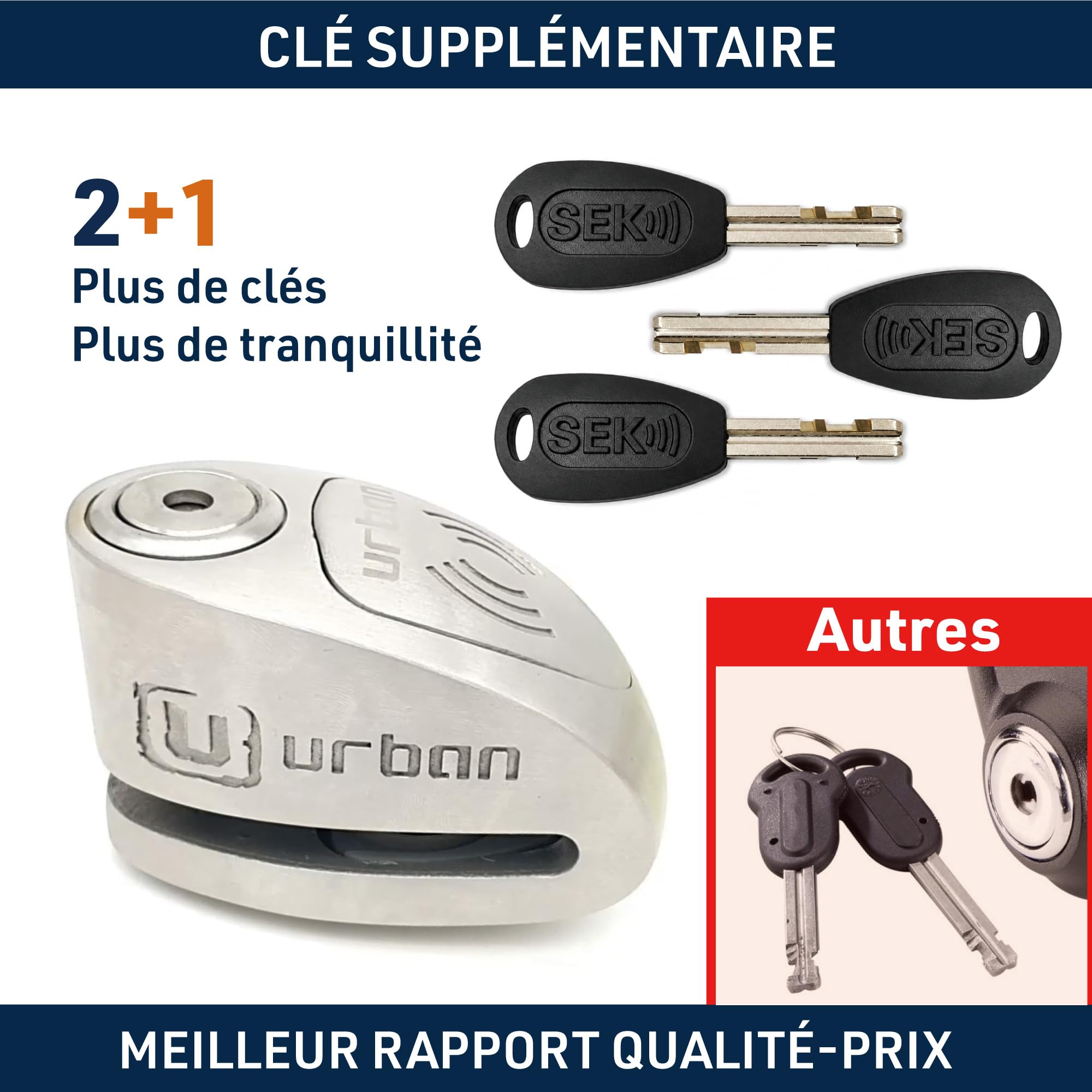 URBAN UR910S Antivol Moto Homologué SRA, Bloque Disque avec Alarme Hi-Tech | 120 dB, X2 ON | Pile CR2, Câble Rappel, Serrure Haute Sécurité, Bloc Double Verrouillage ø10mm, Acier Inoxydable