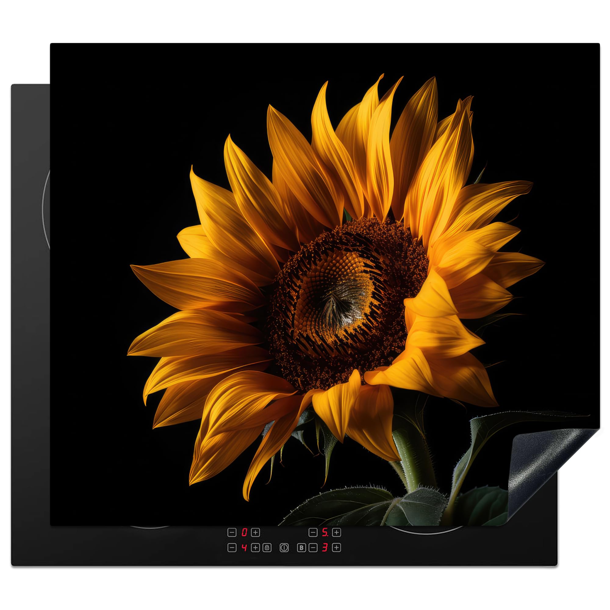 KitchenYeah© Induction Hob Protector Mat 20.1"x23.2" / 59x51 cm Cooker Top Protectors Cover Ceramic Covers Electric Hobs Vinyl Flowers - Botanical - Black - Sunflower — image 1