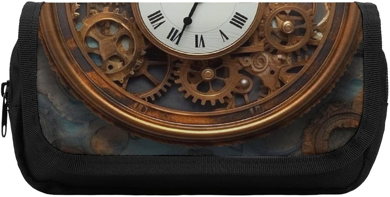 Pencil Case Rusty Steampunk Clock Large Capacity Pencil Case Double Zipper Storage Bag 2 Compartments Portable Multifunctional Bag Desk Organizer Marker Pen Case