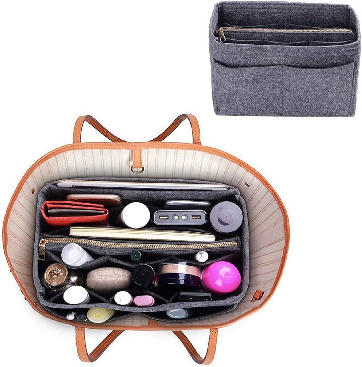 Purse Organizer Insert for Handbags, Premium Felt Organizer with Zipper Pocket (Large, Grey) 3