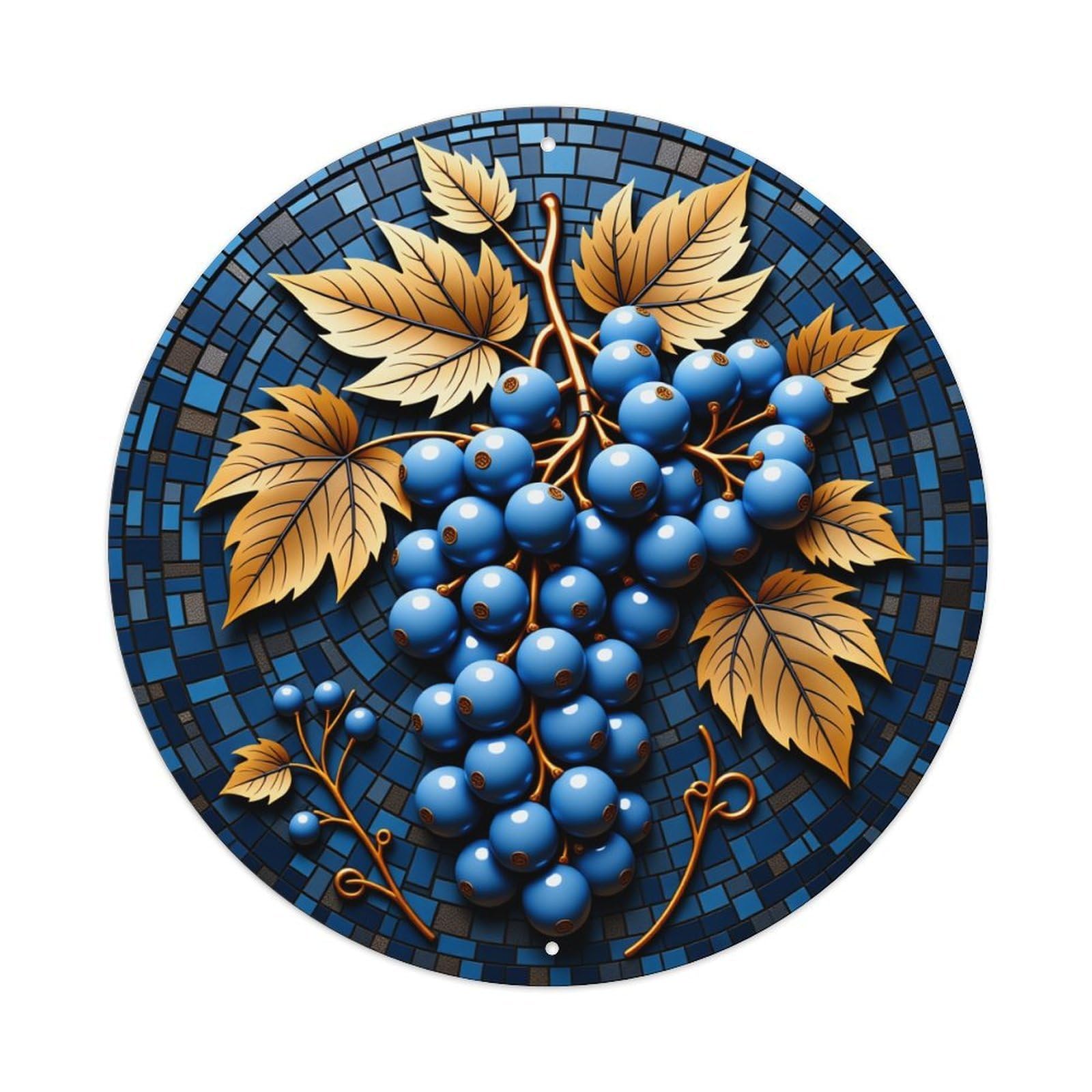 Lzwbntey Vintage Blue Grapes Golden Leaves Mosaic Pattern Metal Tin Sign Retro Wall Decor For Home Bar Garage Cafe, Indoor & Outdoor Decorative，Circle Metal Poster, 8X8 Inch