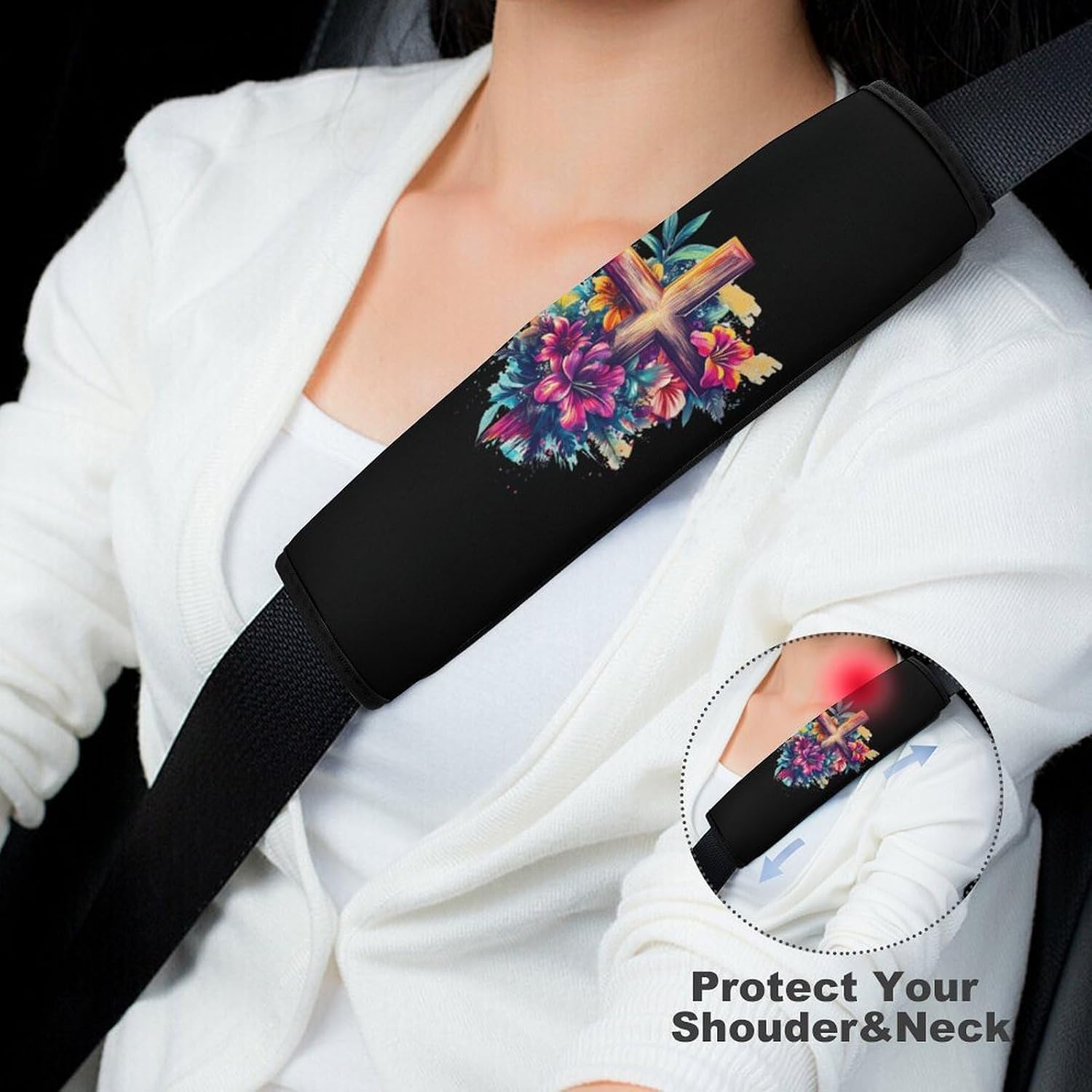 Crosss Floral Christ Flowers Car Seat Strap Covers Soft Seat Strap Shoulder Pads Seatbelt Covers for All Car Seats 2PCS