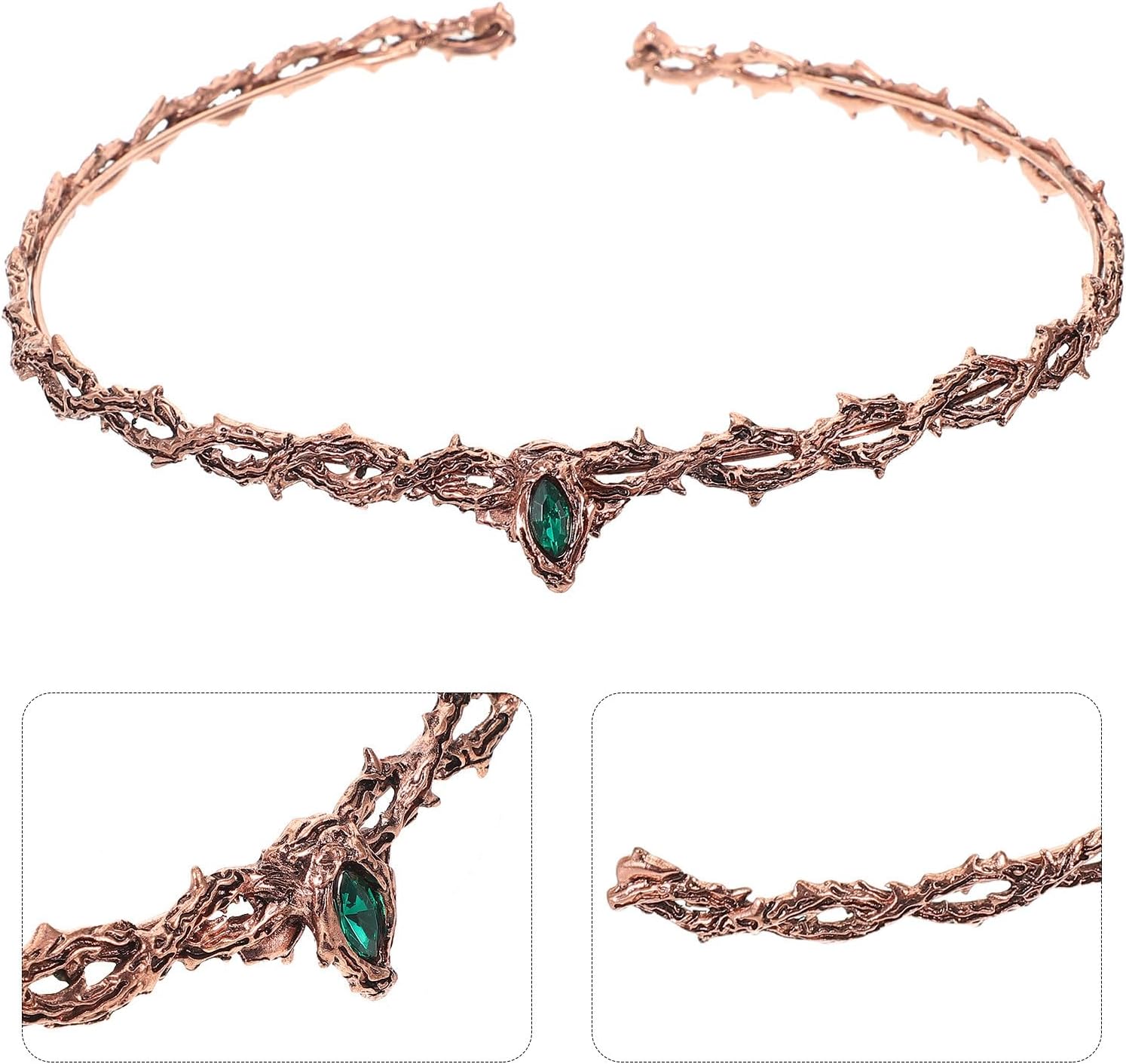 Vintage Medieval Crown for Women – Adjustable Thorn Tiara with Green Rhinestones, Retro Renaissance Hair Circlet for Weddings, Parties, and Costume Accessories