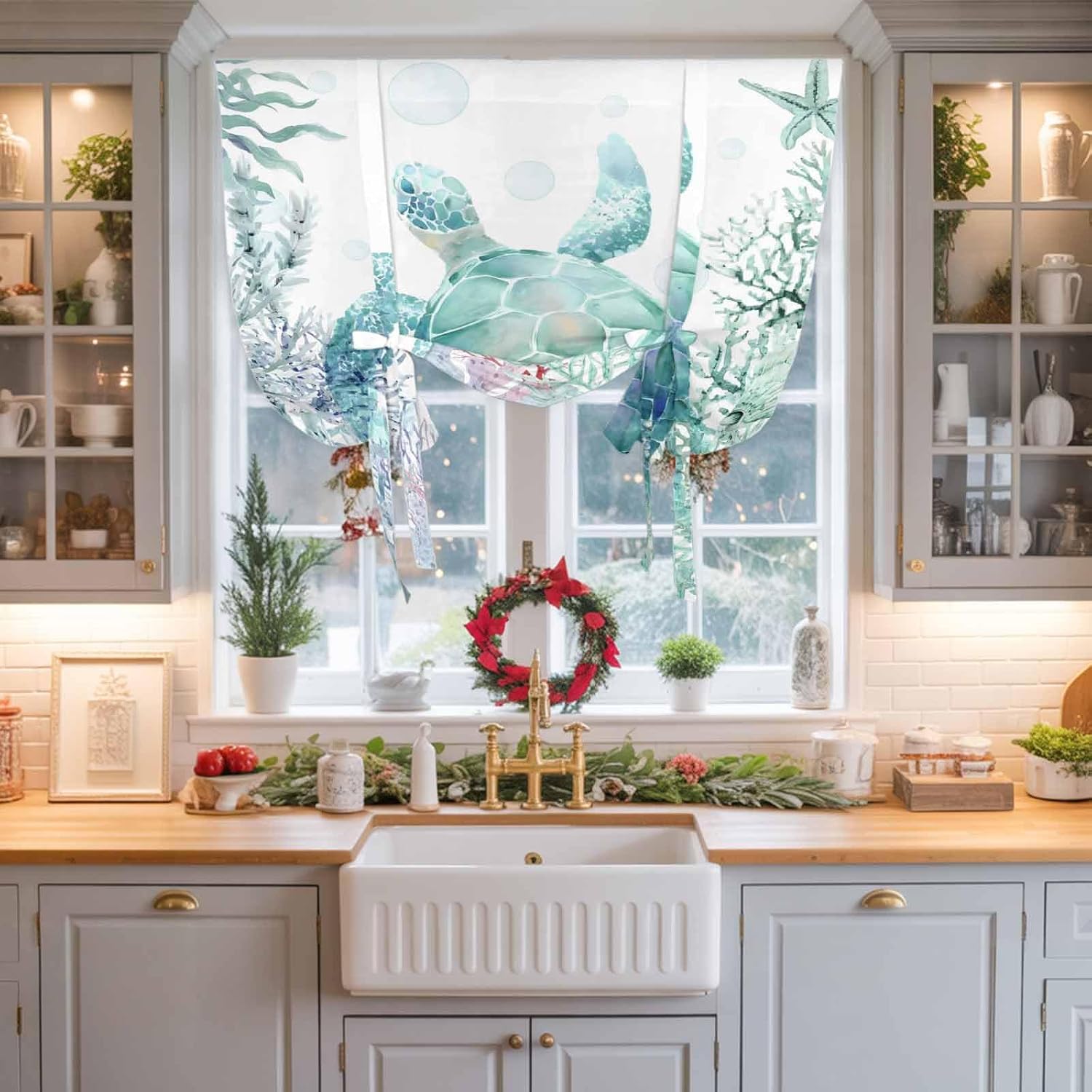 Teal Sea Turtle Tie Up Curtains for Windows 63 Inch Length Balloon Curtains Kitchen Adjustable Balloon Window Shade Summer Coastal Coral Ocean Tie Up Valance Bathroom Curtain Window 52"x63"