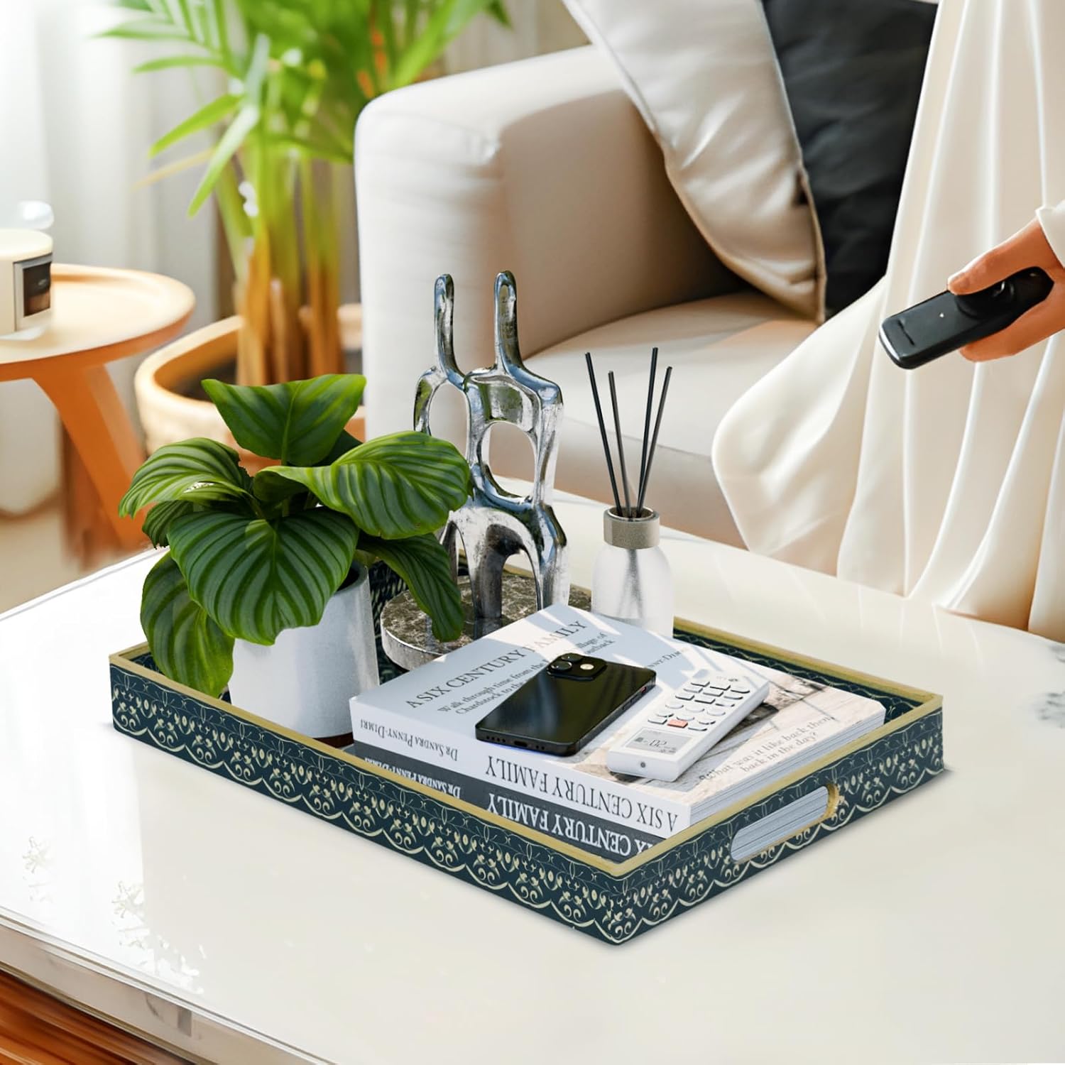 MAONAME Serving Tray with Handles, Plastic Rectangular Tray for Coffee Table, Dark Blue Boho Decorative Trays for Ottoman, Living Room, 15.8" Lx 11.8" W X 1.6" H - Image 5