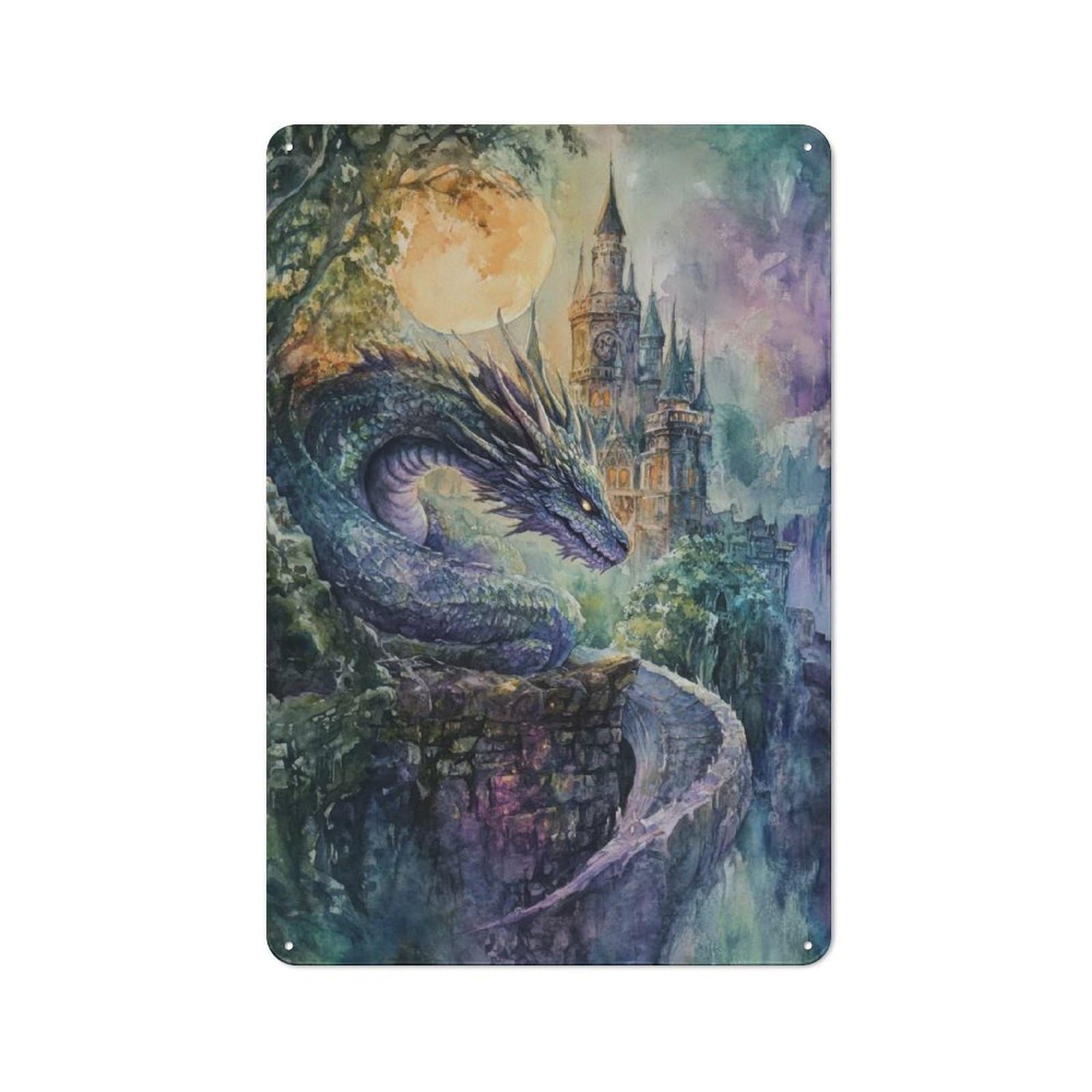 Junmoney Dragon And Castle Watercolor Retro Tin Wall Plaque 30X20cm Featuring For Garage Wall, New Home Wall Decor For People Furnishing A Garage