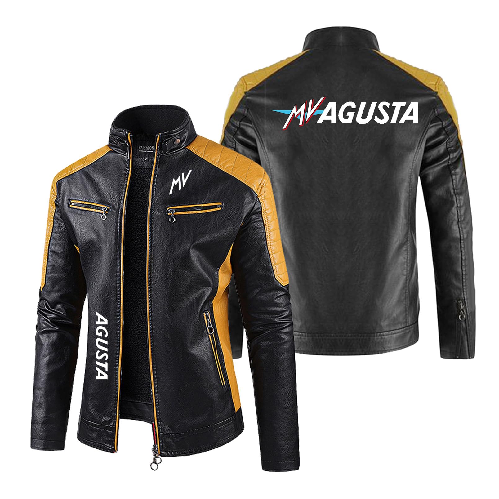 Chaquetas De Moto con Cremallera Completa para Hombre Ropa De Cuero con Cuello Alto para MV Traje De Carreras con Estampado De Patchwork Prendas-Yellow||M