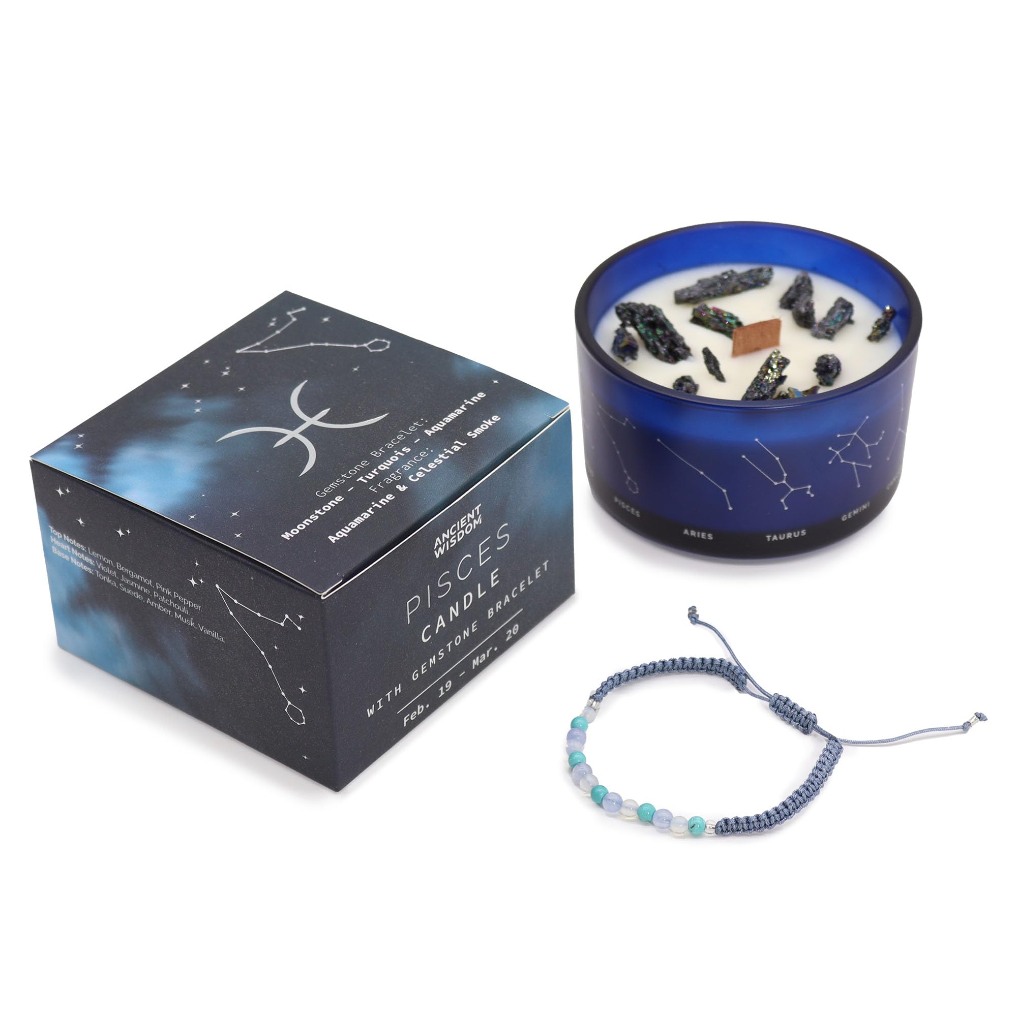 Zodiac Crystal Candle with Gemstone Bracelet  Pisces Beautiful Natural Gift Set
