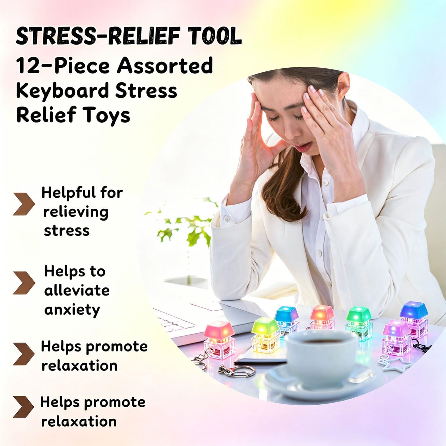 Keyboard Fidget Toys with LED Lights, Keyboard Fidget Keychain Set, Clicker Fidget Toy Bulk Pack with Macaron & Transparent Colors, Mini Keyboard Clicker for Stress Relief Party Favors (12PCS)