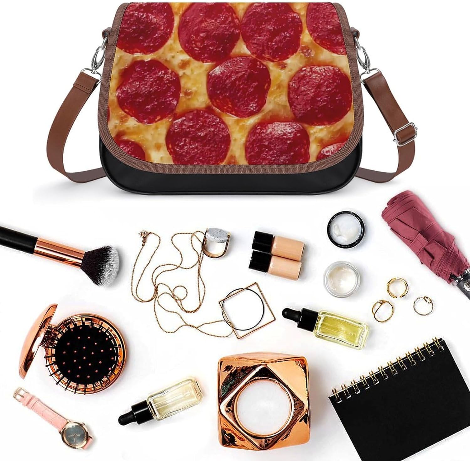 PizzaWomen's Faux Leather Crossbody Bag, Waterproof Wrinkle-Resistant Shoulder Bag with Detachable Strap, Large Capacity Casual Handbag, Fashion Daily Purse for Shopping Work Dating, Ideal Gift for La