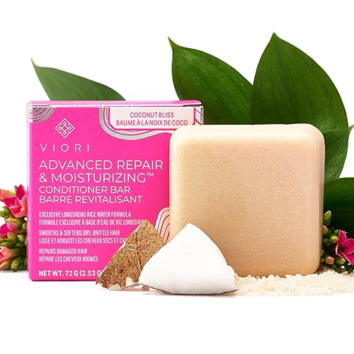 Viori Coconut Bliss - Barra de acondicionador hidratante y reparadora avanzada, hecha con agua de arroz y vitaminas para la salud del cabello, barra