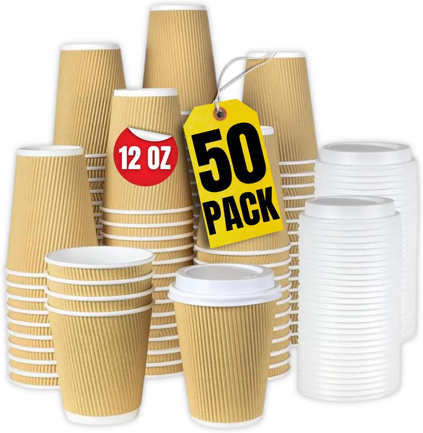 12 oz Coffee Cups With Lids Disposable Insulated Ripple Wall Paper Coffee Hot Cups (50 Cup & 50 Lids)