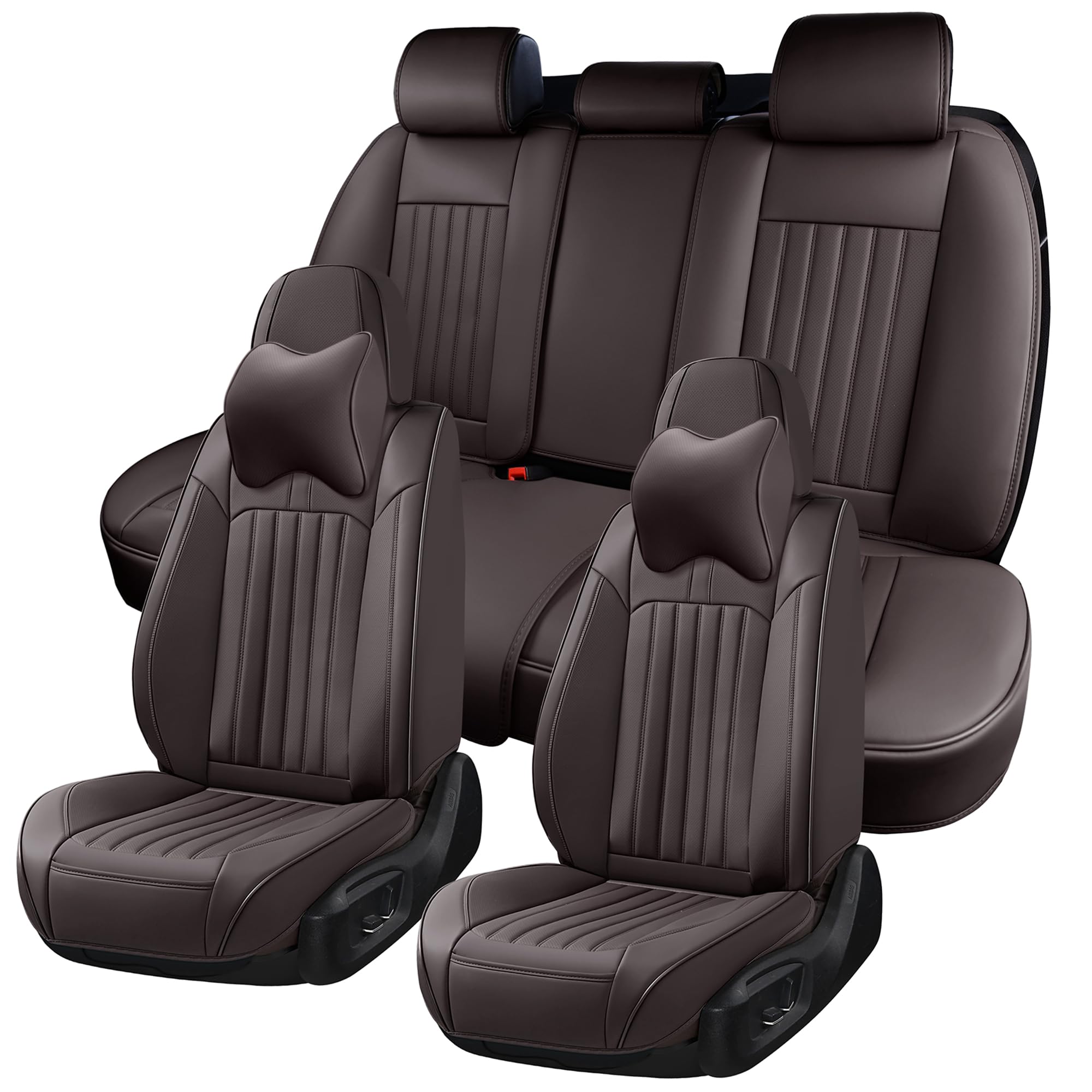BWTJF Brown Car Seat Covers Full Set, Front and Rear Seat Covers 5 Pieces, Universal Leatherette Auto Seat Protectors with Head Pillow, Car Seat Cushions Fit for Most Sedans SUV Pick-up Truck