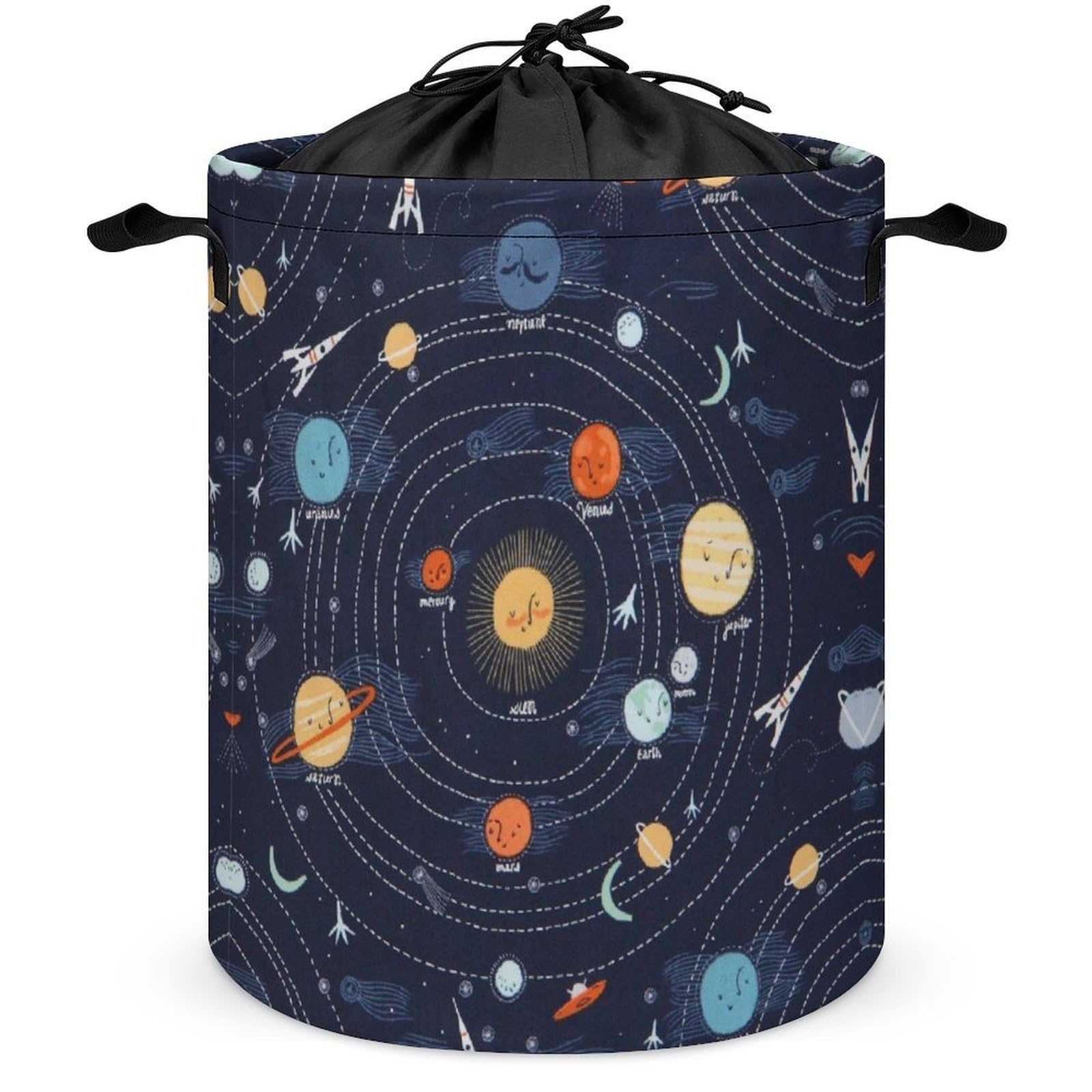 Qjjinxior Drawstring Laundry Hamper, Space Rocket Planet Solar System Laundry Basket, Washing Basket with Handle
