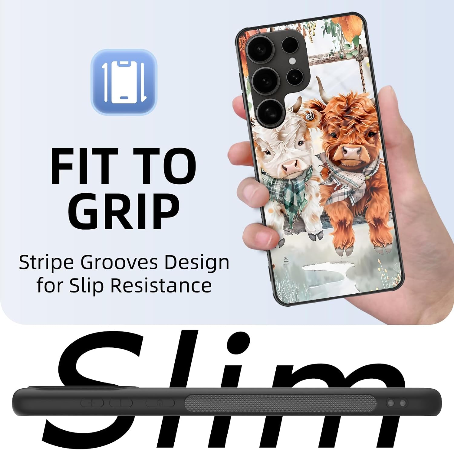 for Samsung Galaxy S24 Ultra Phone Case, Tempered Glass Back and Soft TPU Dual Layer Bumper, Shockproof Full Body Protective Phone Cover for Samsung Galaxy S24 Ultra, Cute Highland Cows