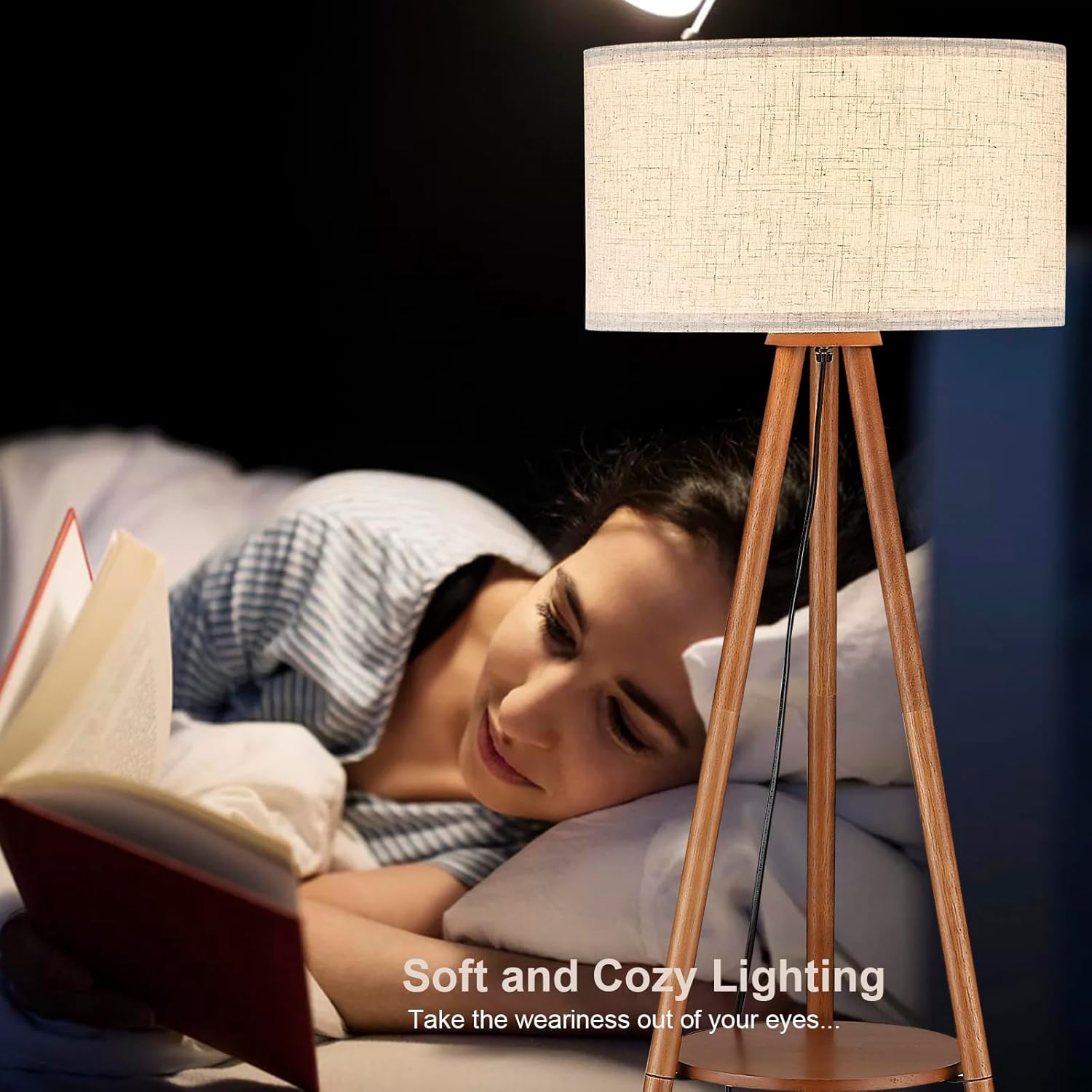 BTP Wood Tripod Floor Lamp, Farmhouse Shelf Wooden Standing light Drum Shade for Living Room, Bedroom, Office, Footswitch,ETL Listed/Brown Wood Color, 3 Color Temparature LED Bulb Include