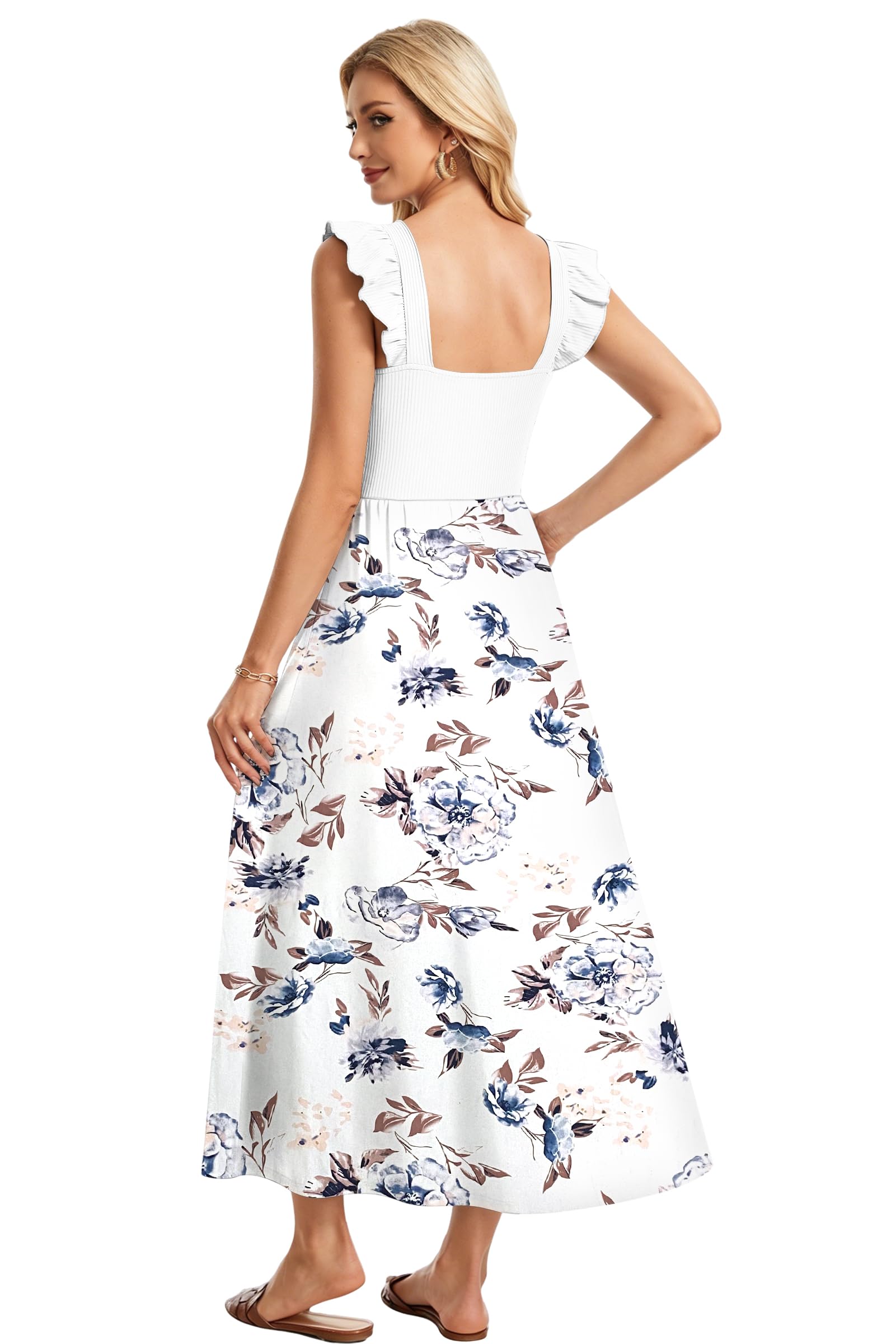 AUSELILY Robe Longue D'été Femme Col Carré Volants sans Manches avec Poches