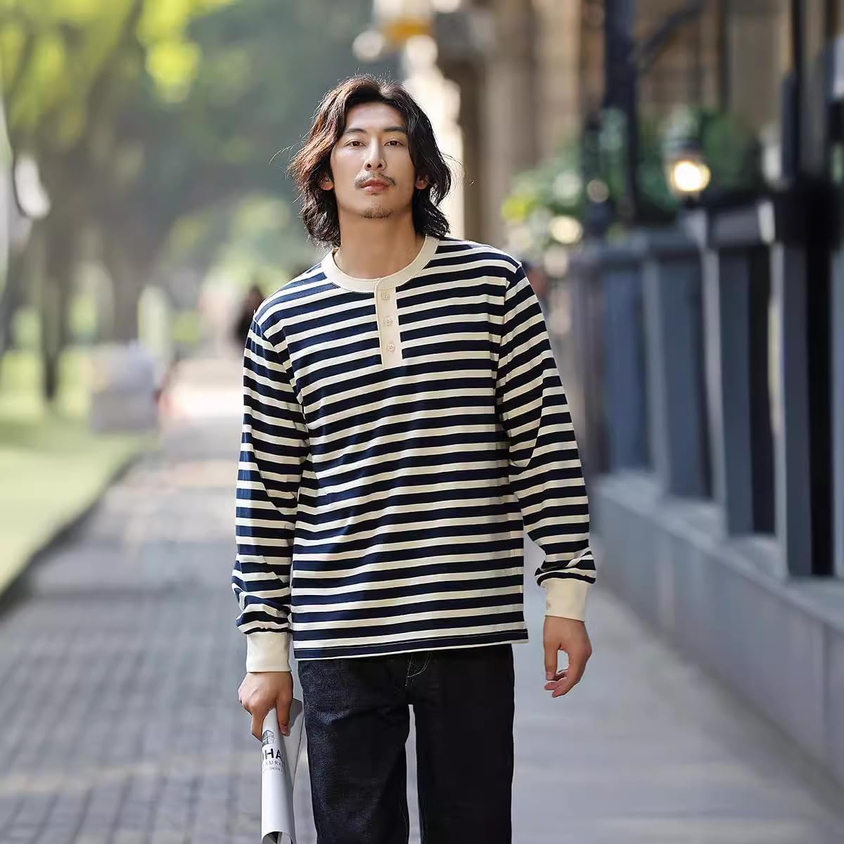 Snughom] 230g ロンT メンズ 長袖 ボーダー ヘンリーネック 高密度コットン 通気性 超柔軟 [Snughom] 230g ロンT メンズ 長袖 ボーダー ヘンリーネック 高密度コットン 通気性 超柔軟肌触り 抗菌加工 4シー