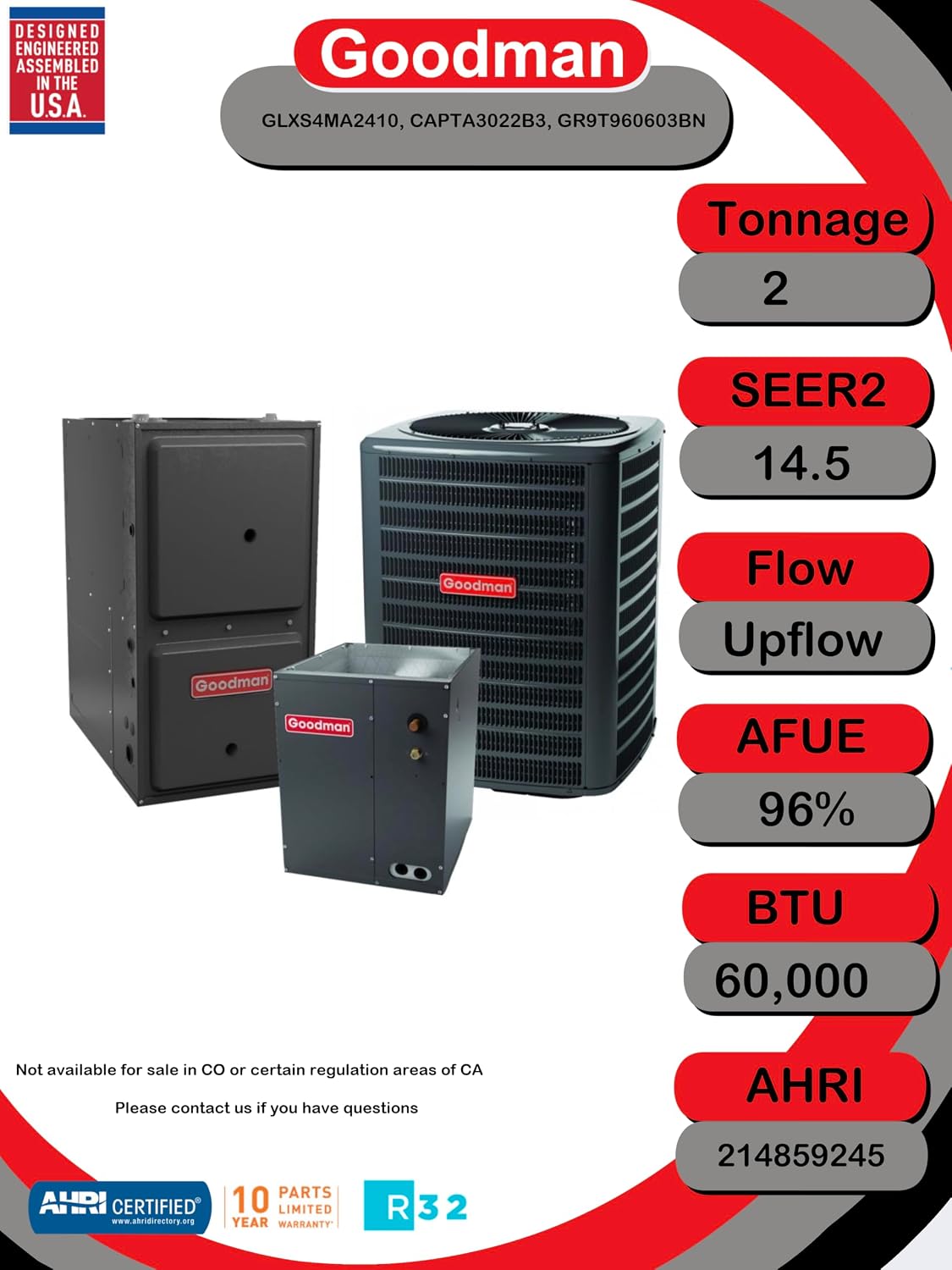 Goodman 2 Ton 14.5 SEER2 96% AFUE 60,000 BTU Low NOx R-32 Air Conditioner & Gas Furnace System (GLXS4MA2410, CAPTA3022B3, GR9T960603BN)
